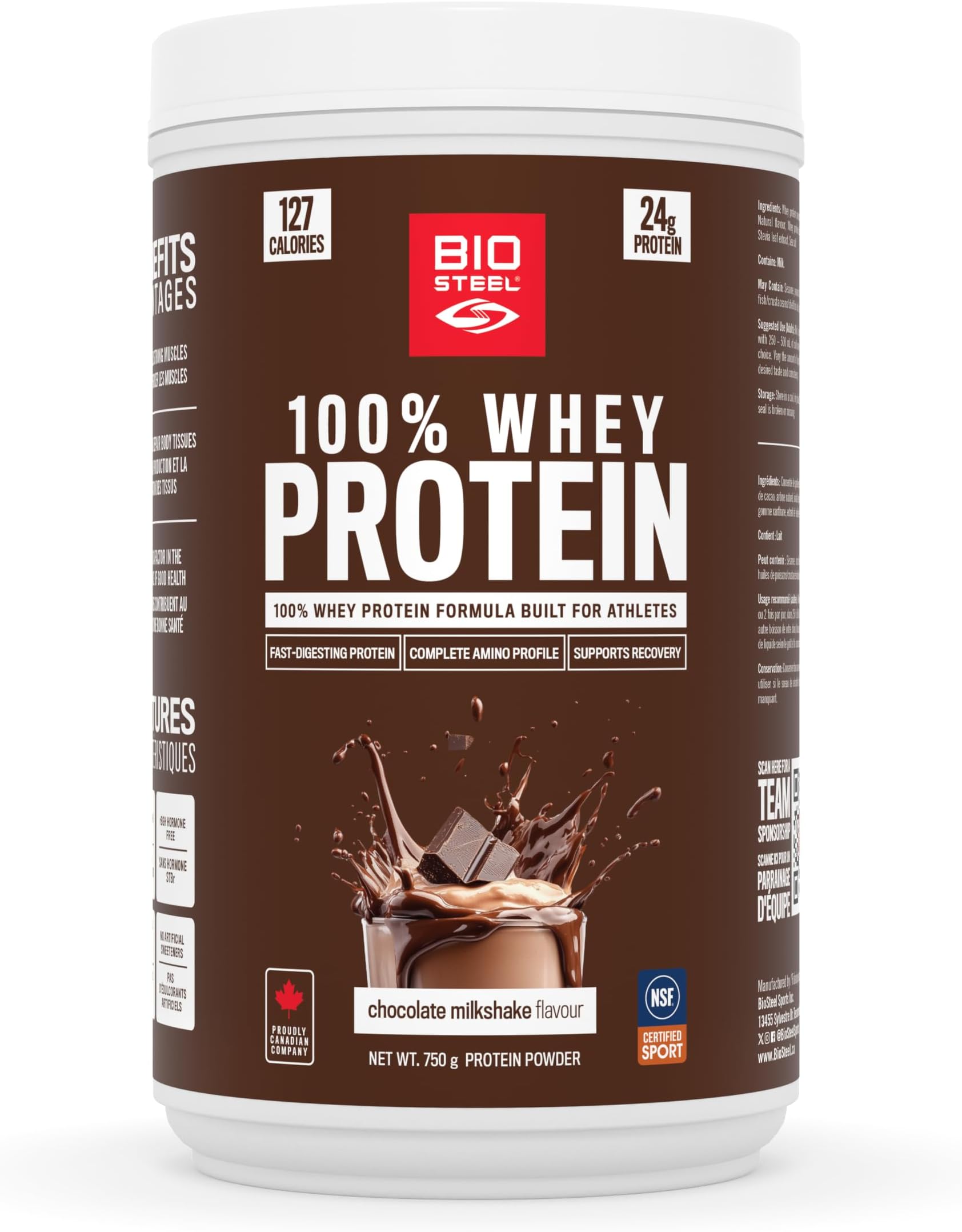 BioSteel Sports Chocolate 100% Whey Protein Powder Supplement, rBGH Hormone Free & Non-GMO Post Workout Formula, 25 Servings, 25.5 Ounces Trusted by Pro Athletes, NSF for Sport