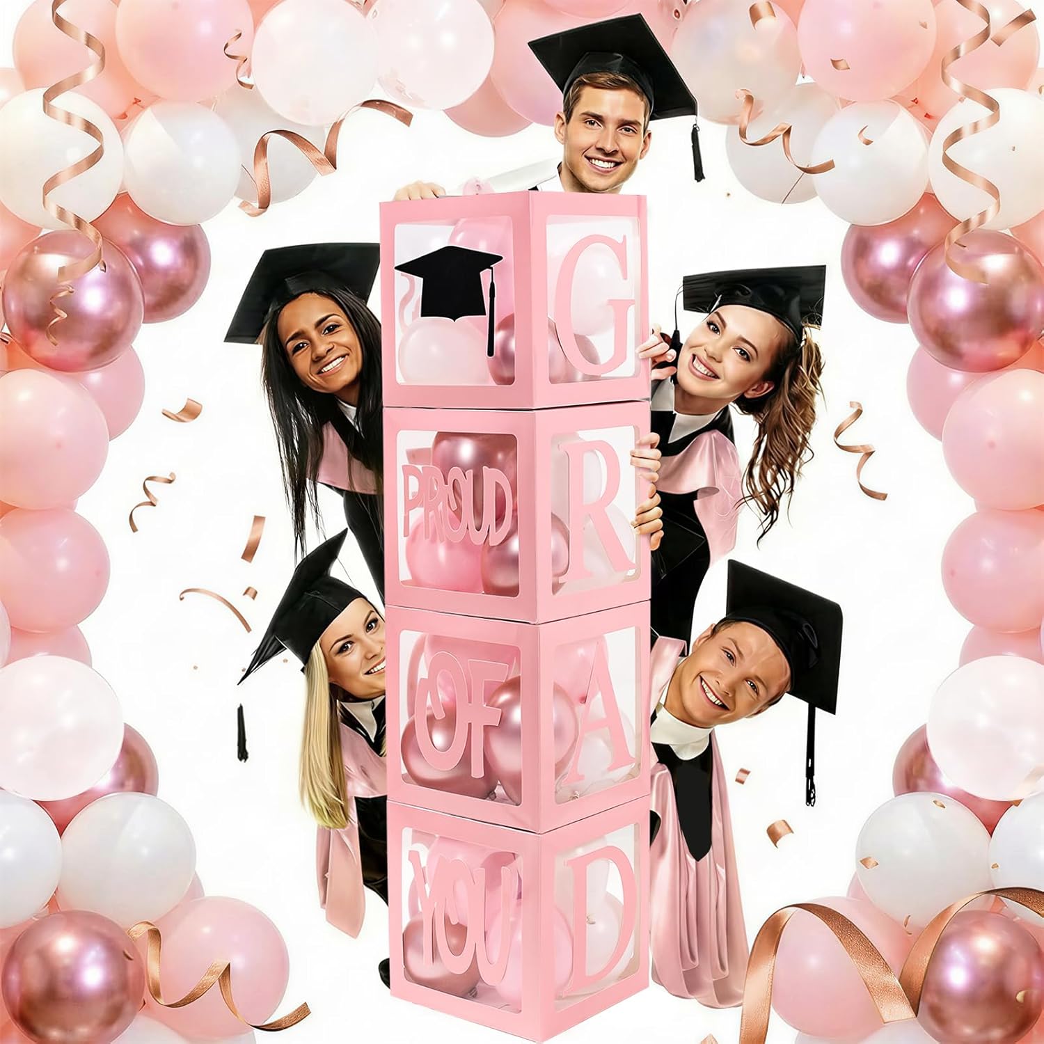 Graduation Decorations 2026,4 Pcs Transparent Balloon Boxes with Letters of GRAD,PROUD OF YOU,Class of 2026 and 130pcs Light Pink Balloons Arch for High School College 2026 Grad Party Supplies