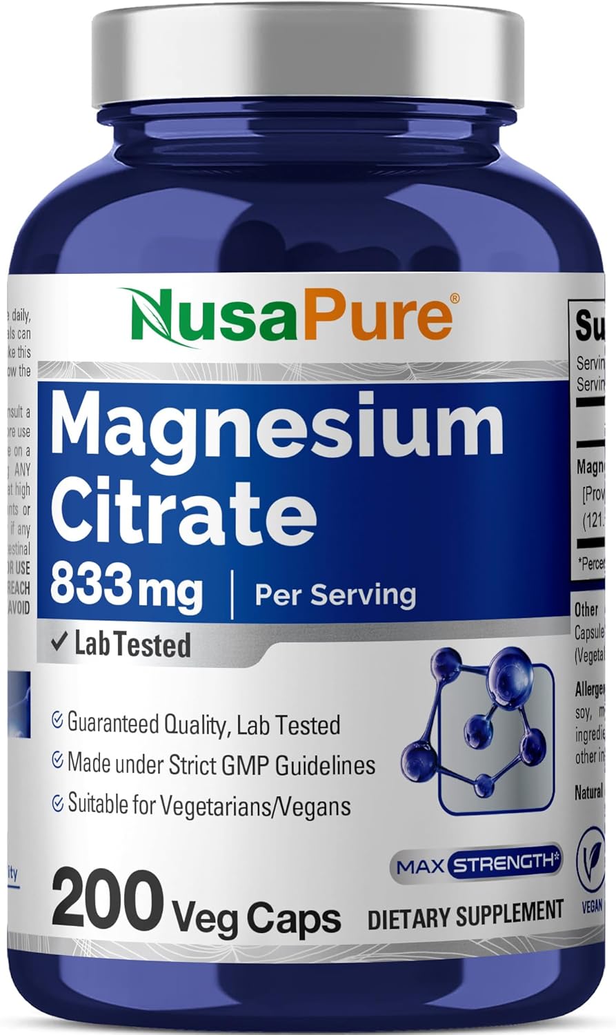 NusaPure Magnesium Citrate 833mg - 200 Veggie Capsules (Vegetarian, Non-GMO, Vegan)