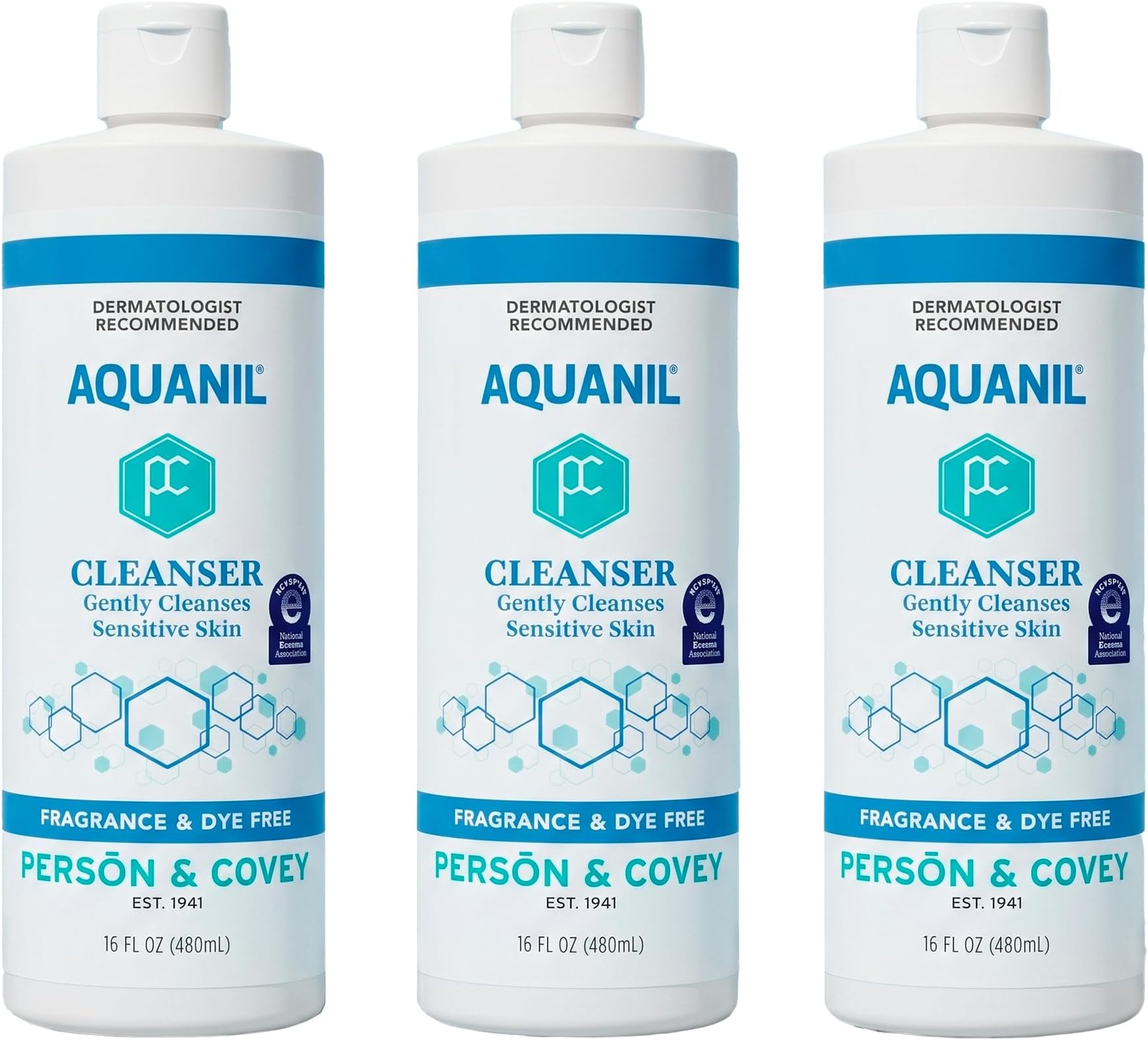 Person & Covey Aquanil Cleanser - Lipid-Free Sensitive Skin Cleanser, Non-Comedogenic Gentle Cleanser - Soap Free Cleanser with 7 Ingredients, Fragrance-Free Skin Care Cleanser - 3 Pack, 16 Fl. Oz.