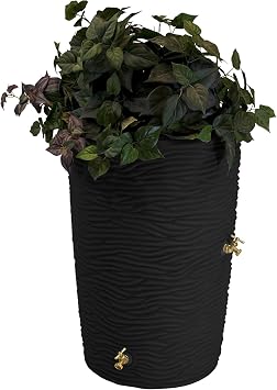 Good Ideas Impressions 50-Gallon Rain Saver Barrel Faux Palm Trunk Surface, Dual Spigot Locations with 2 Brass Spigots and Screen, Black