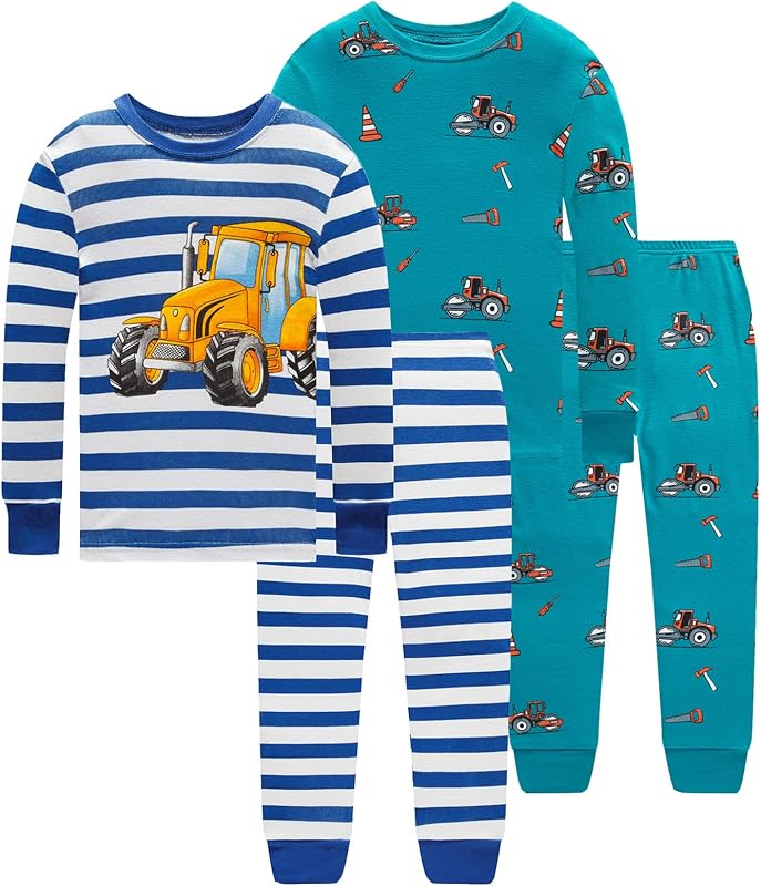 Little bety Pijamas de algodón de 4 piezas para niños pequeños Pijamas de manga larga de 24 a 12 años | Conjuntos de ropa de dormir suaves con estampados de camión, dinosaurio, espacio, ovni y tiburones para niños