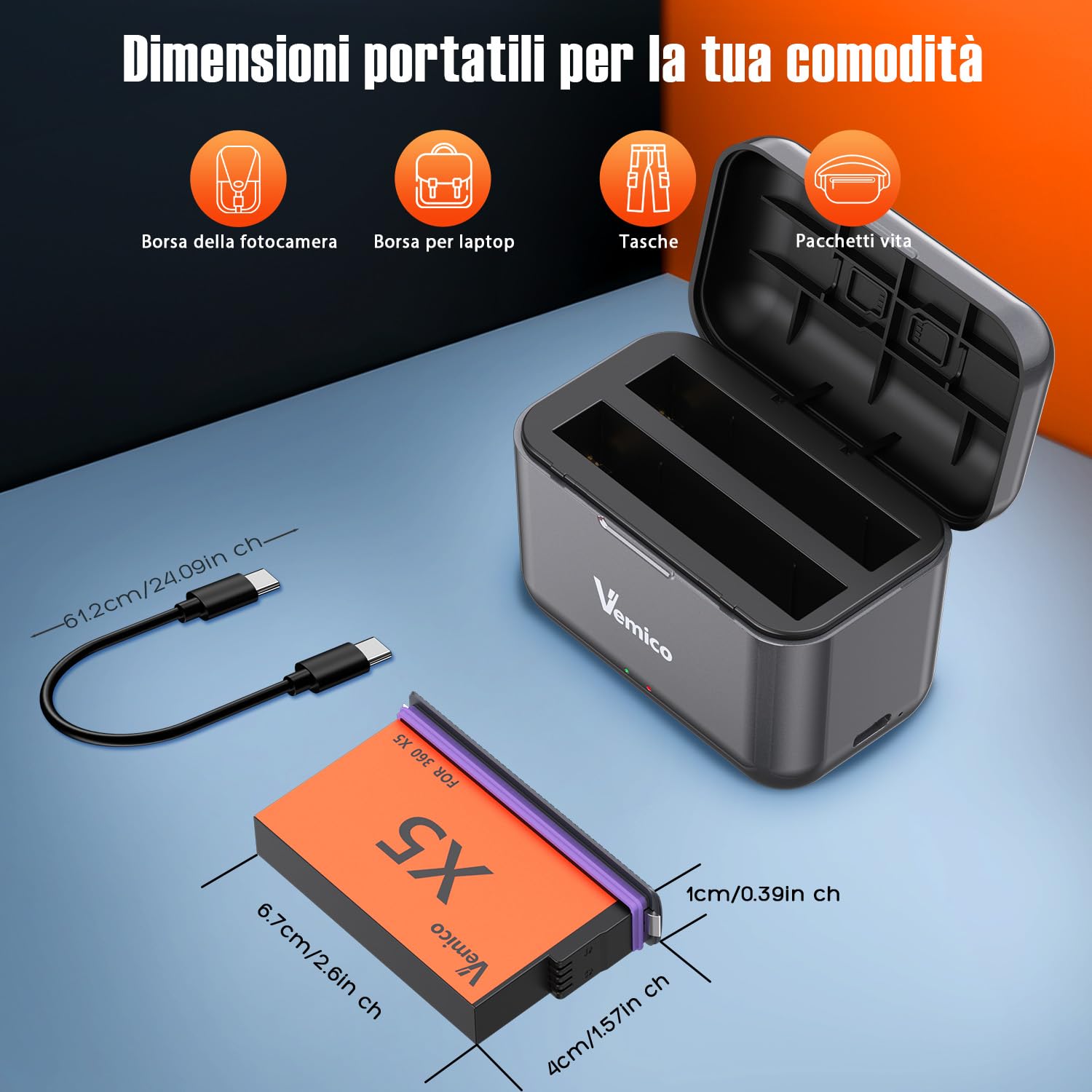 Vemico 360 X5 Caricabatteria Set 2 X 2800mAh 360 One X5 Batteria 2 canali LED X5 Caricabatteria Tipo-C Interfaccia di carica per 360 One X5 Camera(Attenzione: non impermeabile)