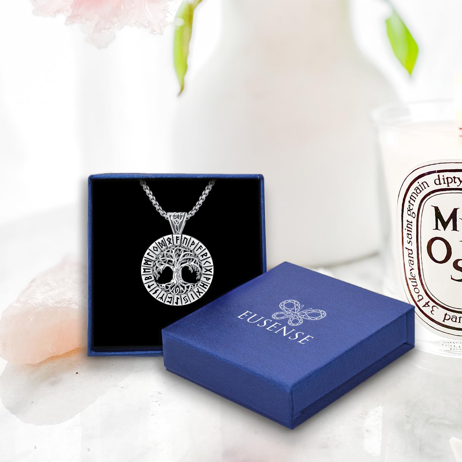 Eusense Wikinger Schmuck Viking Halskette Geschenke 925 Silber Amulett Nordische Mythologie Anhänger Geschenk für Herren Damen Männer Muttertag Vatertag