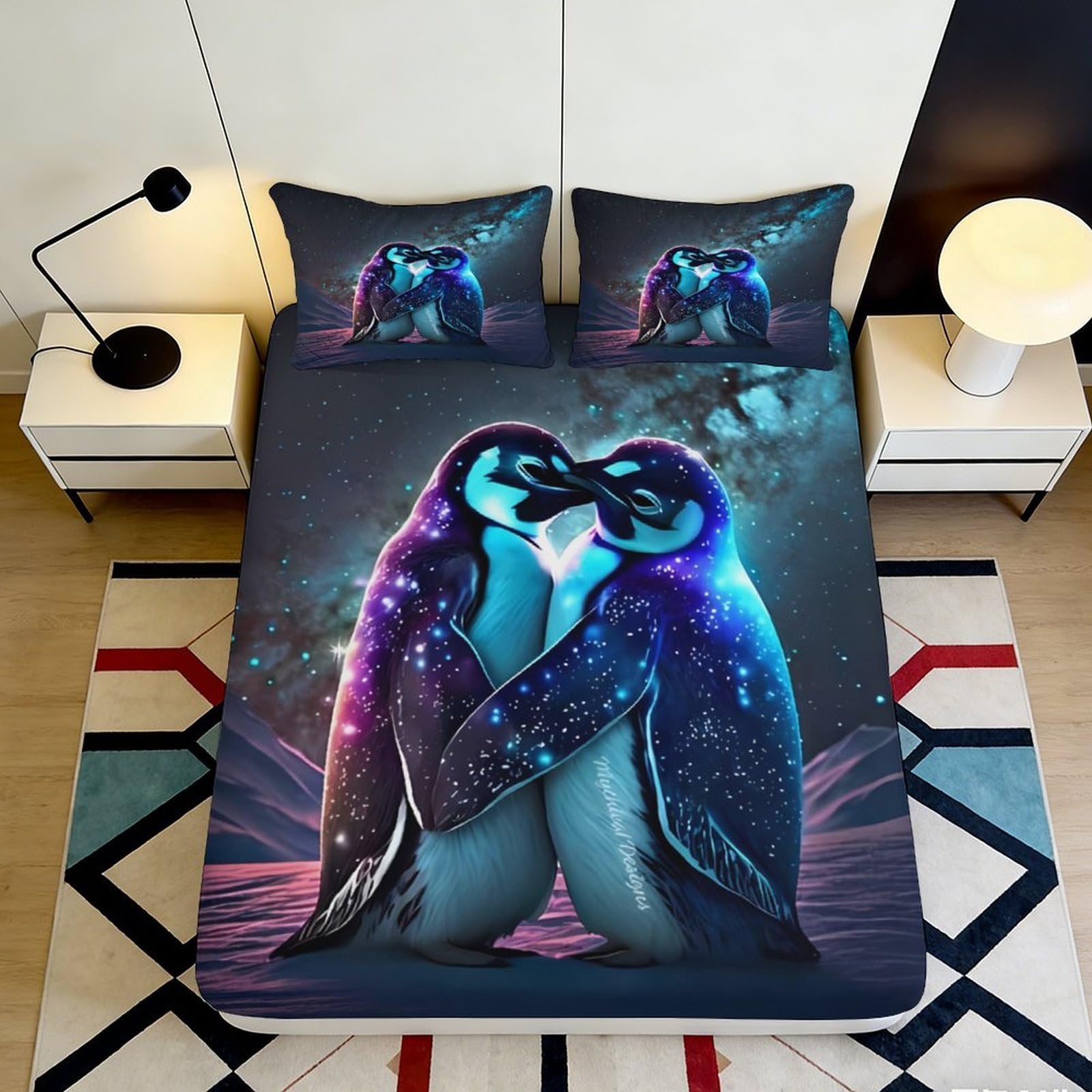 3D Printed Dream Penguin Fitted Sheet Microfiber Deep Pocket Non-Slip Bedroom Bedding Dream Penguin Mattress Fitted Cover for Adults Teens 200x200x25cm 90x200x25cm