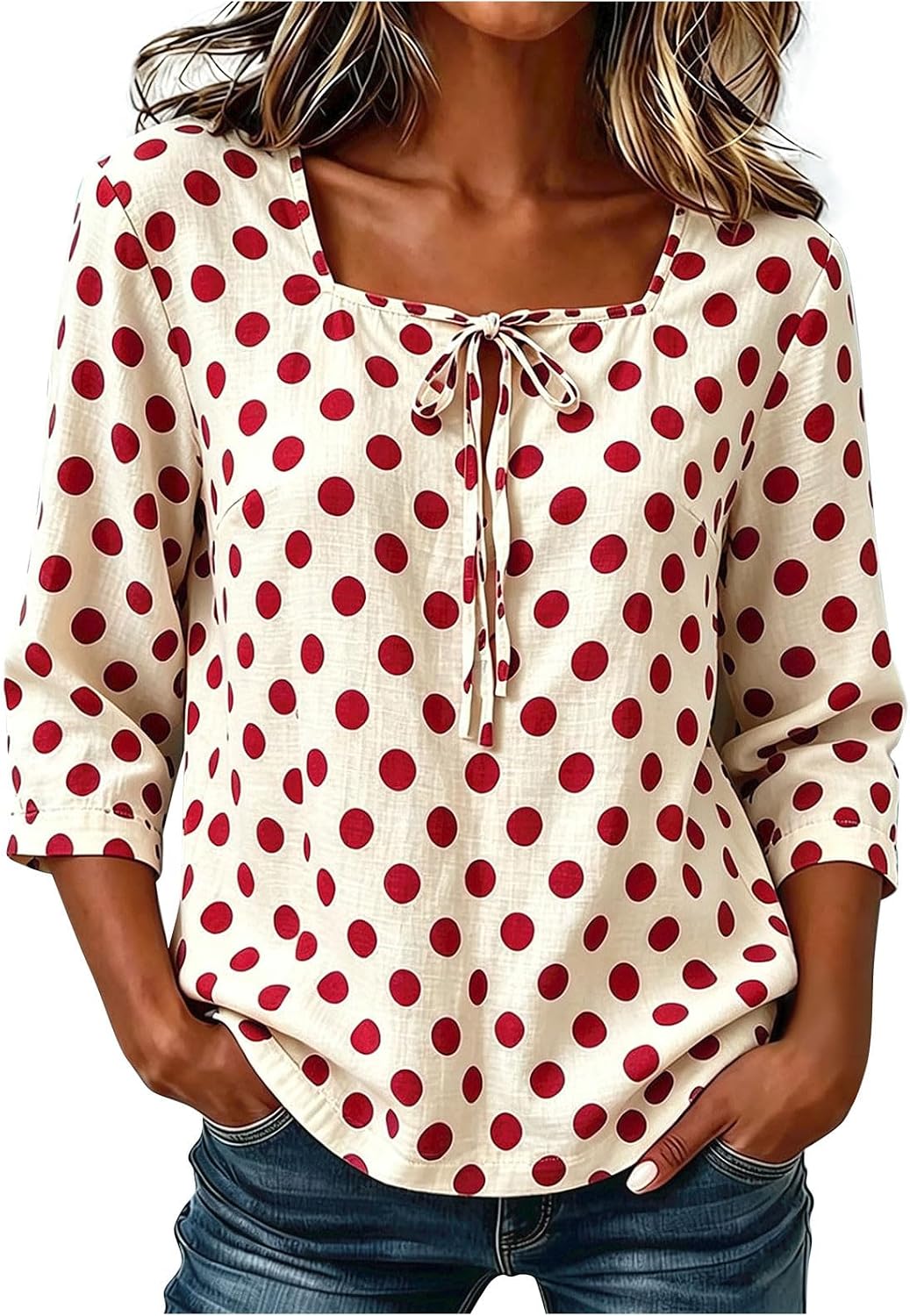Womens Bow Square Neck Tops Polka Dots 3/4 Length Sleeve T Shirts | Comfy Soft Lightweight Loose Fit Tunic Blouses Comfortable Plus Size Fashion Going Out Outfits