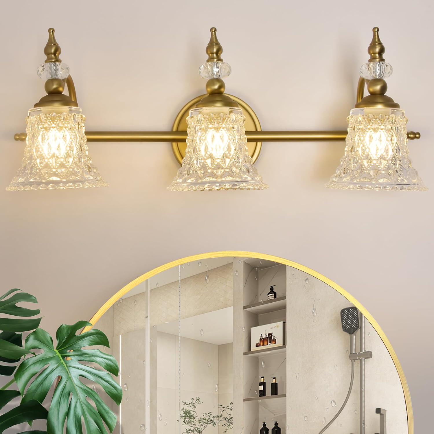 Bathroom Light Fixtures, Antique Gold Bathroom Light Fixtures Over Mirror,Vintage Vanity Light with Crystal Glass Shade, 3-Light Bathroom Light Fixtures, Vanity Wall Light for Bathroom, G9 Base Gold 3-Light