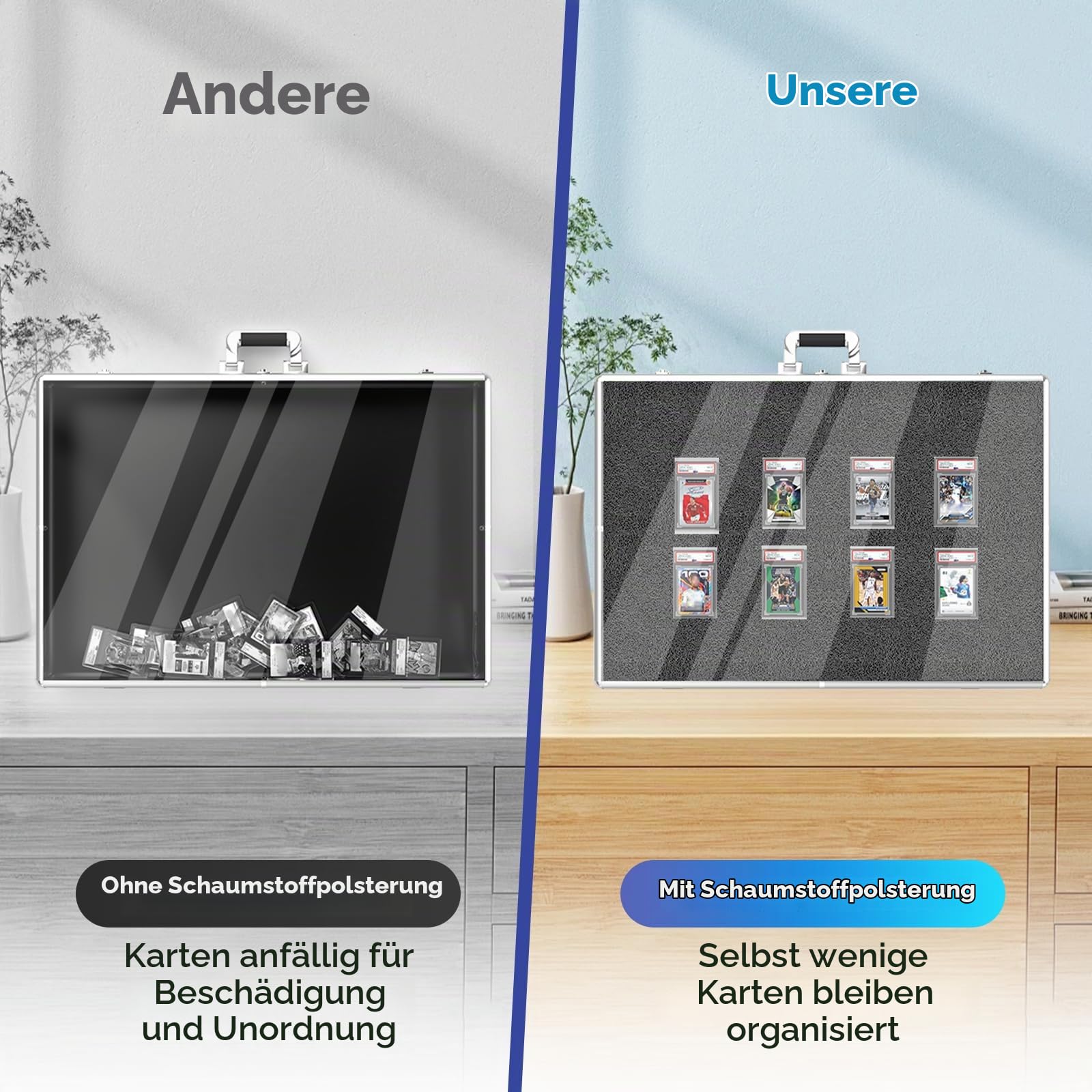 Aluminium-Karten-Vitrine mit Schloss und anpassbarem Schaumstoffeinsatz, große Glas-Tischvitrine für Sammelkarten, Schmuck, Sammelkarten, tragbare Acryl-Aufbewahrungsbox für Handel und Zuhause