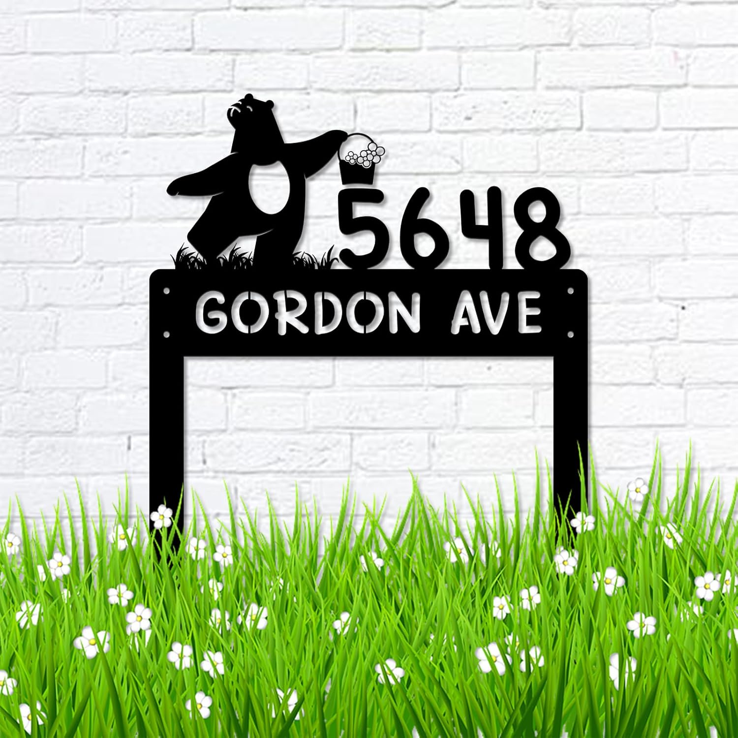 Personalized Address Signs, Personalized Address Metal Address Signs for Outside Gardening Decor, Customized Address Number Signs for Front Door, Garden Stake Metal Sign (Bear)