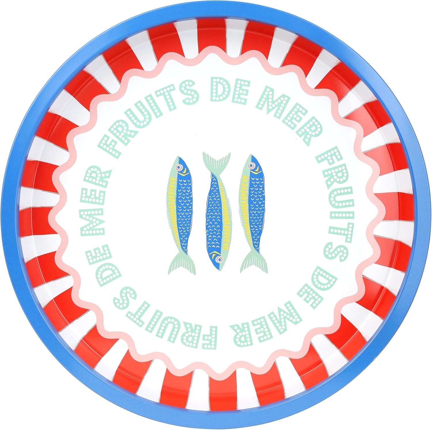 Talking Tables Large Round Serving Tray for Drinks, Snacks, Condiments Decorative and Colourful Fish Design, Ideal for Summer Dining, BBQ, Outdoor Dining Garden Parties | Made of Tin | 30cm