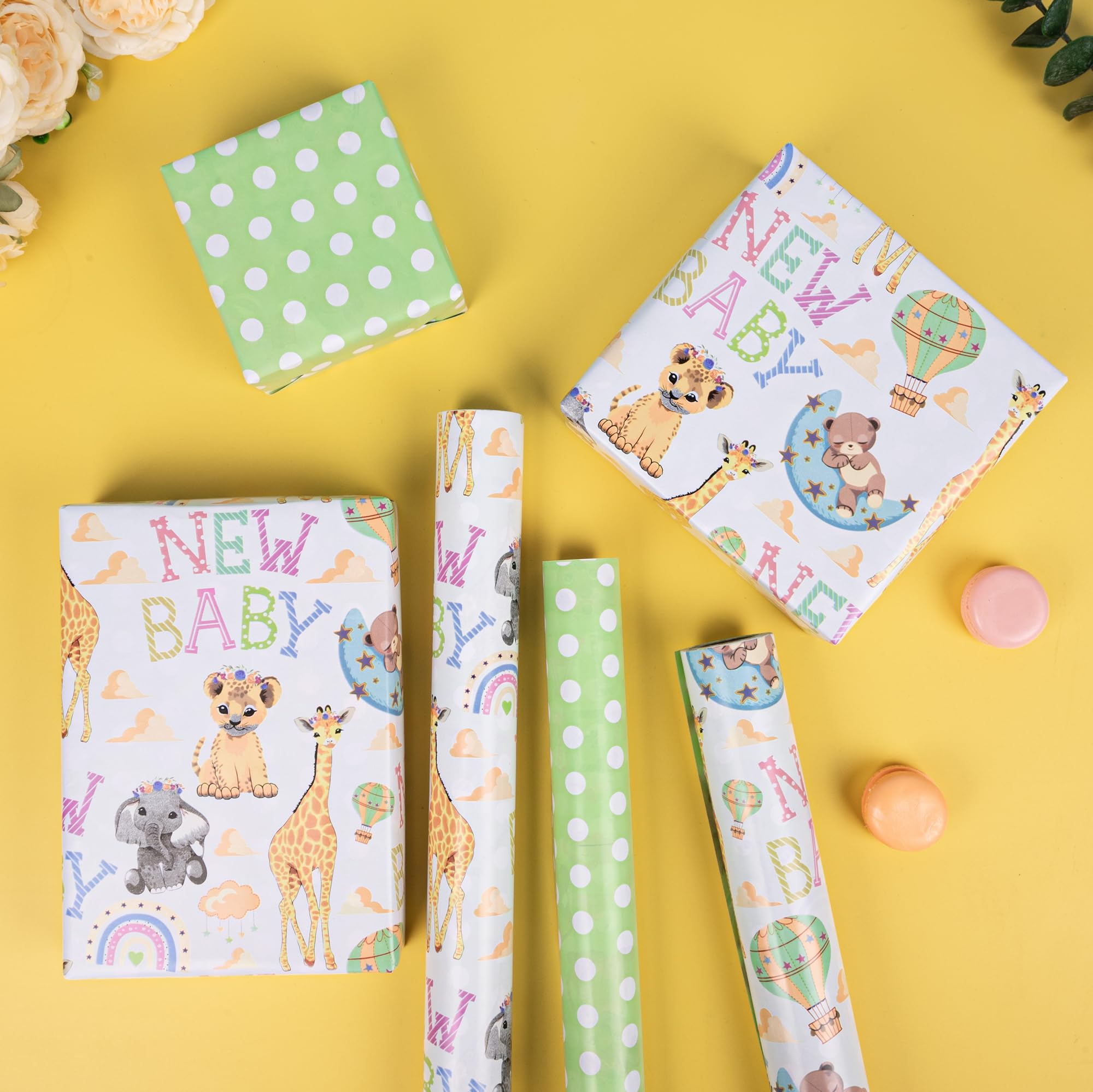 Altarho Papel de regalo reversible para baby shower para niños y niñas, 17 pulgadas x 33 pies, animales de jirafa león y nuevo diseño de bebé para baby shower, fiesta, cumpleaños, vacaciones
