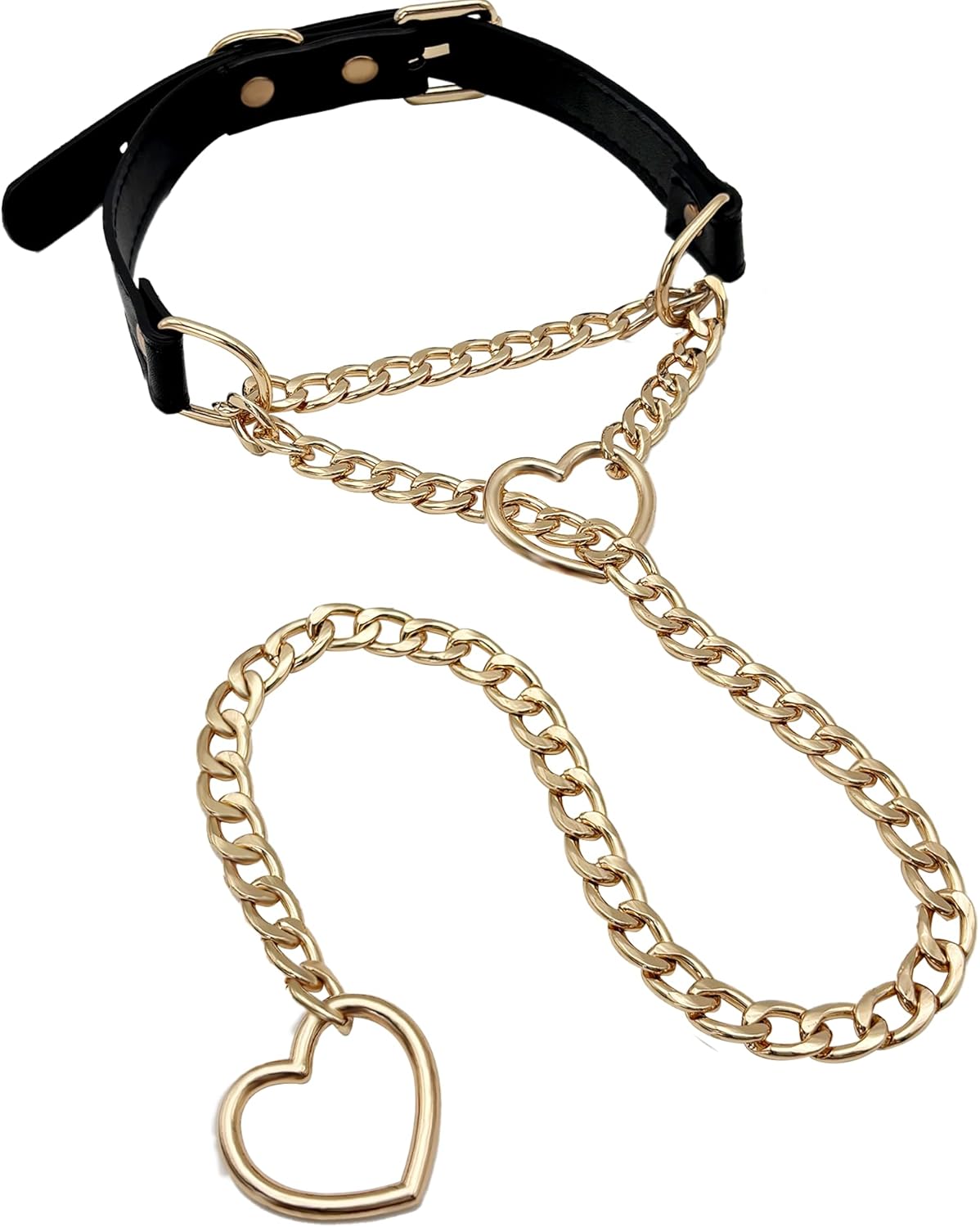 paloli Vegan Leather Choker Necklace with Heart Chain – Adjustable Strap Punk Gothic Collar with Cute Heart Metal O-Rings, Stylish Jewelry for Women