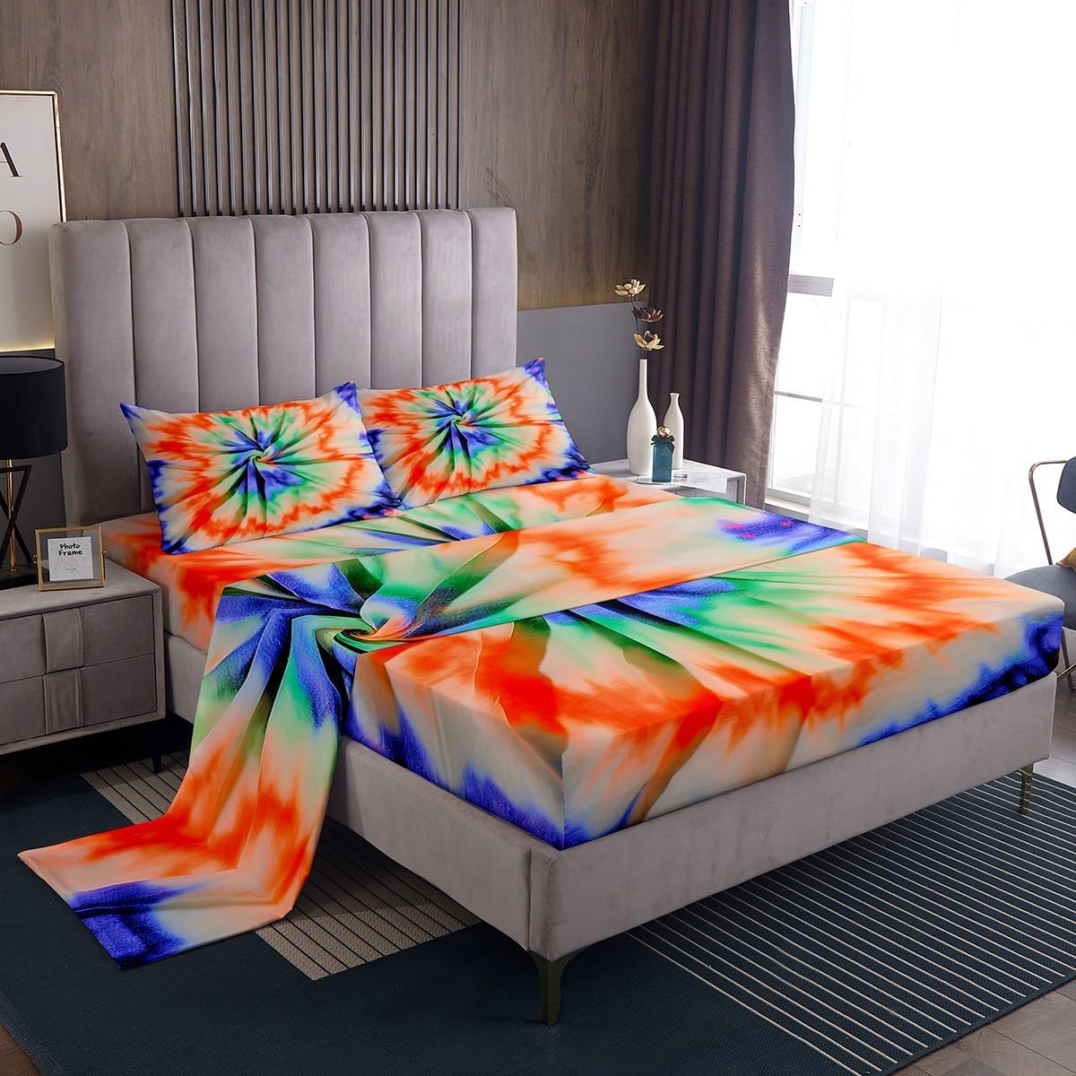 Feelyou Tie Dye Bed Sheet Set Rainbow Boho Spiral Sheets 4 Piece Bohemian Gypsy Fitted Sheet Psychedelic Bedding Queen Sheets Includes 1 Sheet Set, 1 Flat Sheet, 2 Pillowcases Wrinkle, Fade Resistant