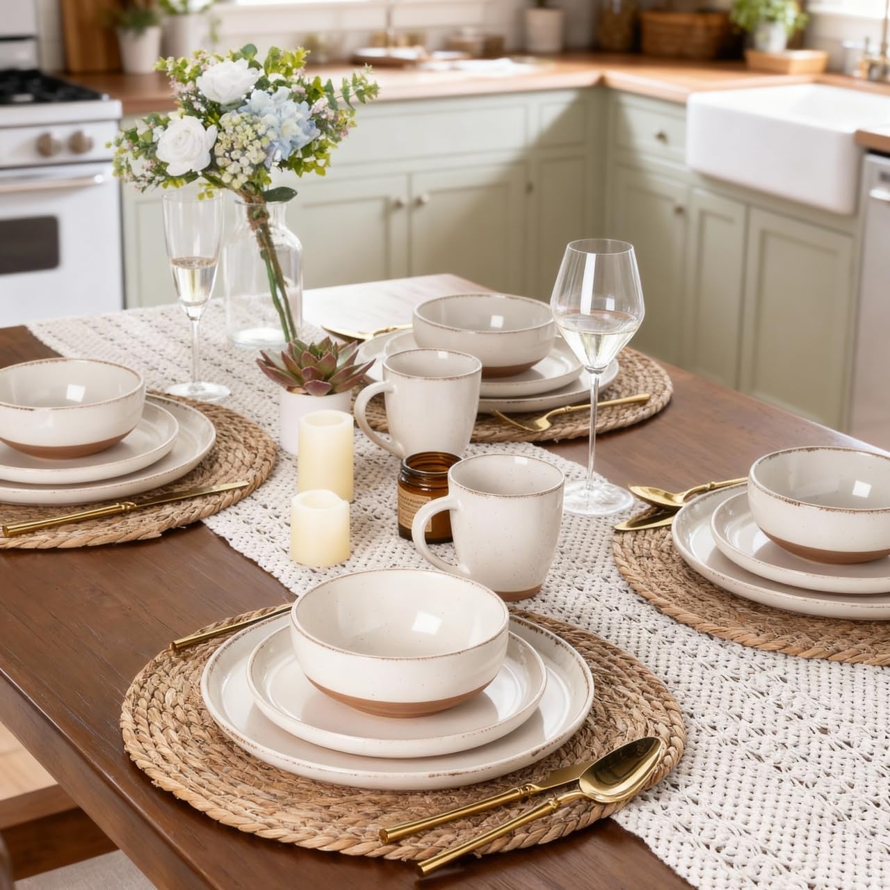 AmorArc Ceramic Dinnerware Sets for 4, 12 Pieces Handpainted Plates and Bowls Set with Rustic Terracotta Underside, Scratch Resistant Stoneware Dishes Set, Dishwasher & Microwave Safe, Beige