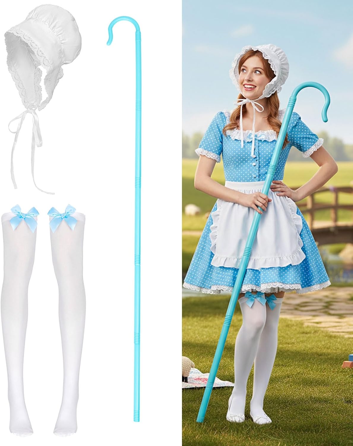Adult Shepherdess Costume Set with Bonnet White Stockings With Blue Bow Shepherd's Crook