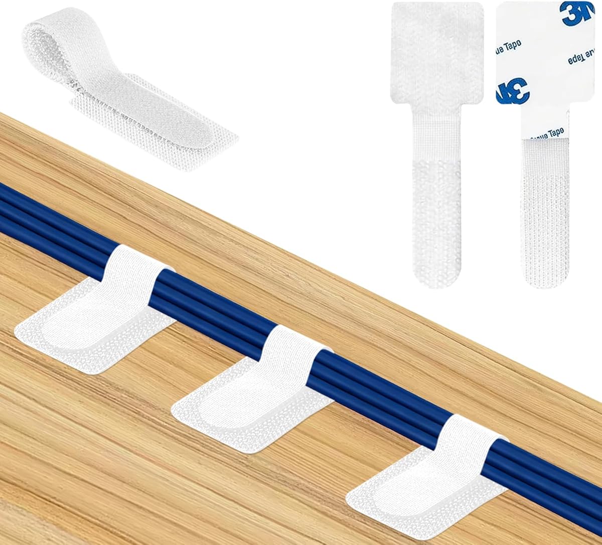 50 PCS Under Desk Cable Management, Self-Adhesive Hook and Loop Cable Tidy Clips, Reusable Adjustable Wire Organiser Straps for PC, TV, Laptop, Home Office, No-Drill Installation, White