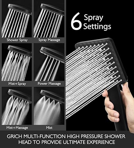 Miniatura 2 de 2.5 GPM  Cabezal de ducha GRICH con mano 6 modos de pulverizaciónajustes de alta presión con manguera de acero inoxidable 304 elástica de 59