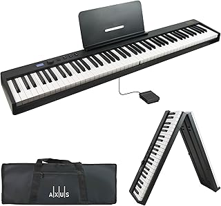 Axus 88 Key Portable Folding Digital Piano Keyboard, Full Size Semi-Weighted Keys, Sustain Pedal, Rechargeable Battery - Black