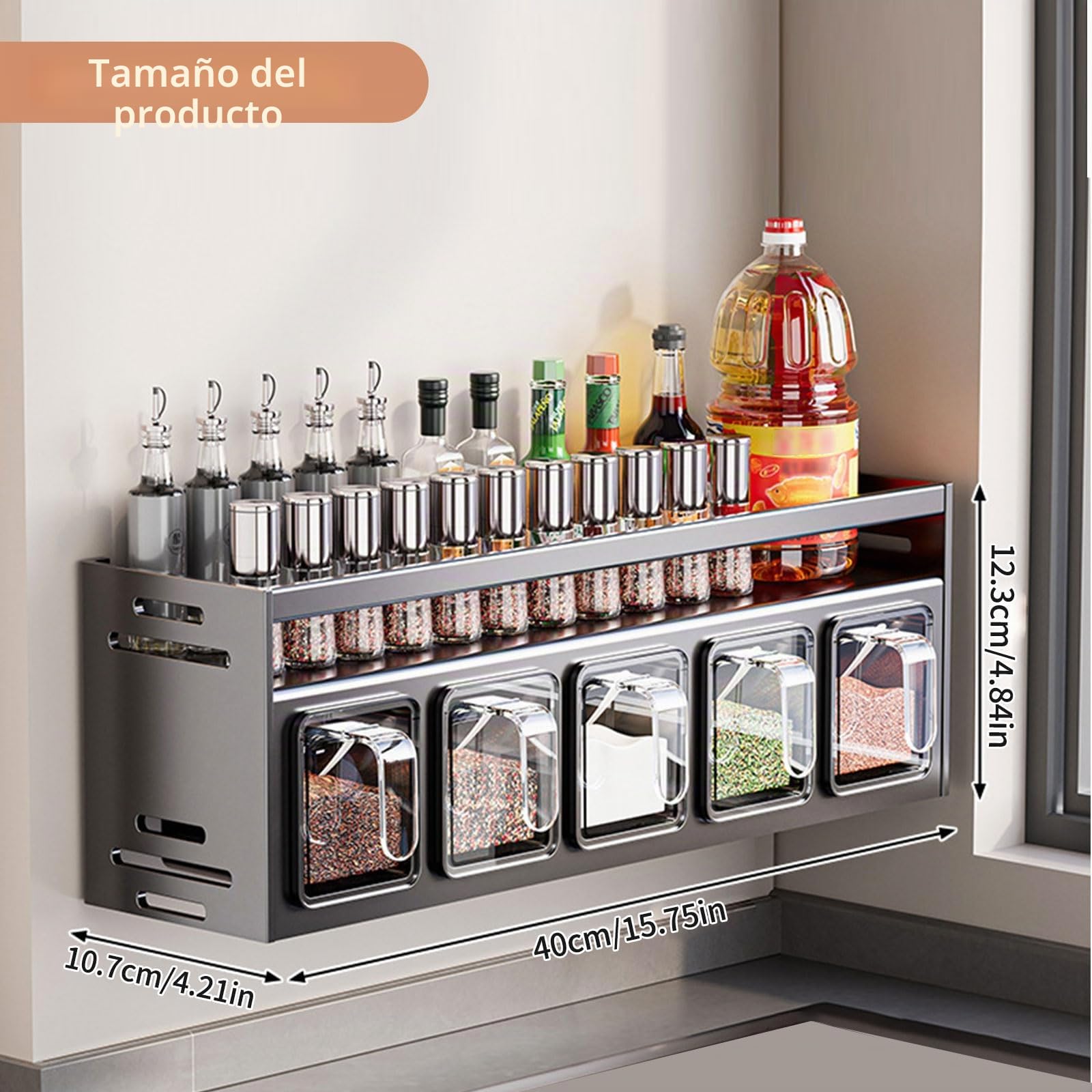Estantería para especias con botes de especias, de pie y pared, tarros de especias con estante, soporte para especias/especias, organizador de especias para cocina, encimera, armario (con 5