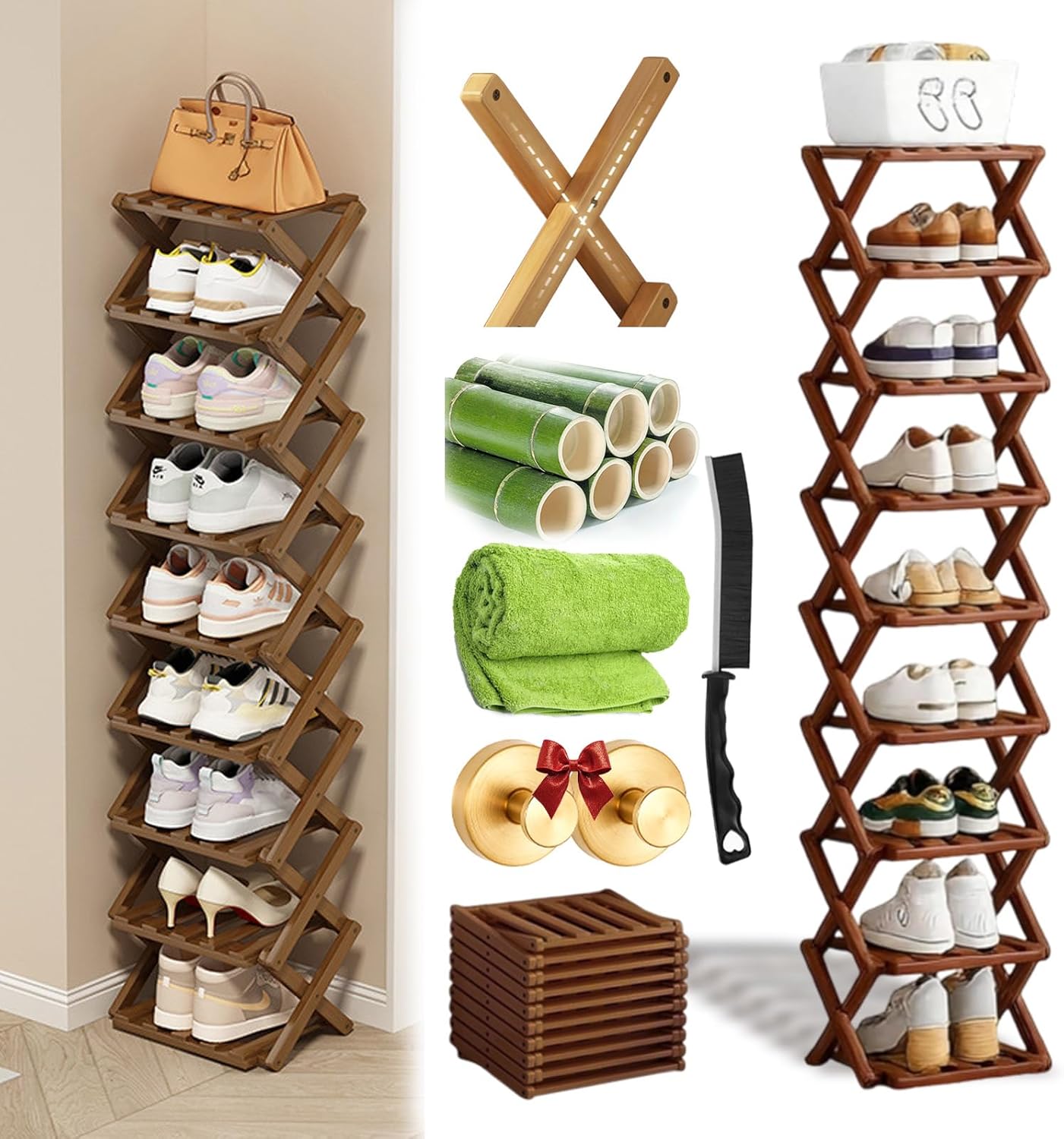 GDSAFS 2-9 Tier Bamboo Shoe Rack, 2026 New Sturdy Foldable Shoe Organizer, High-Capacity No-Assembly Vertical Storage with Anti-Slip Base for Hallway, Bedroom, Corner, Kids' Room (Brown,9 Layers)