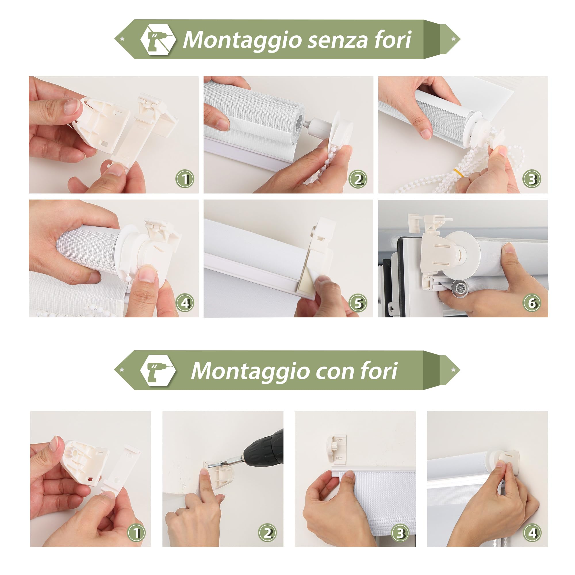 HOMEDEMO Tenda a rullo per interni Doppio Strato Senza Foratura, 50L x 230A cm, Bianco, Oscurante Giorno e Notte