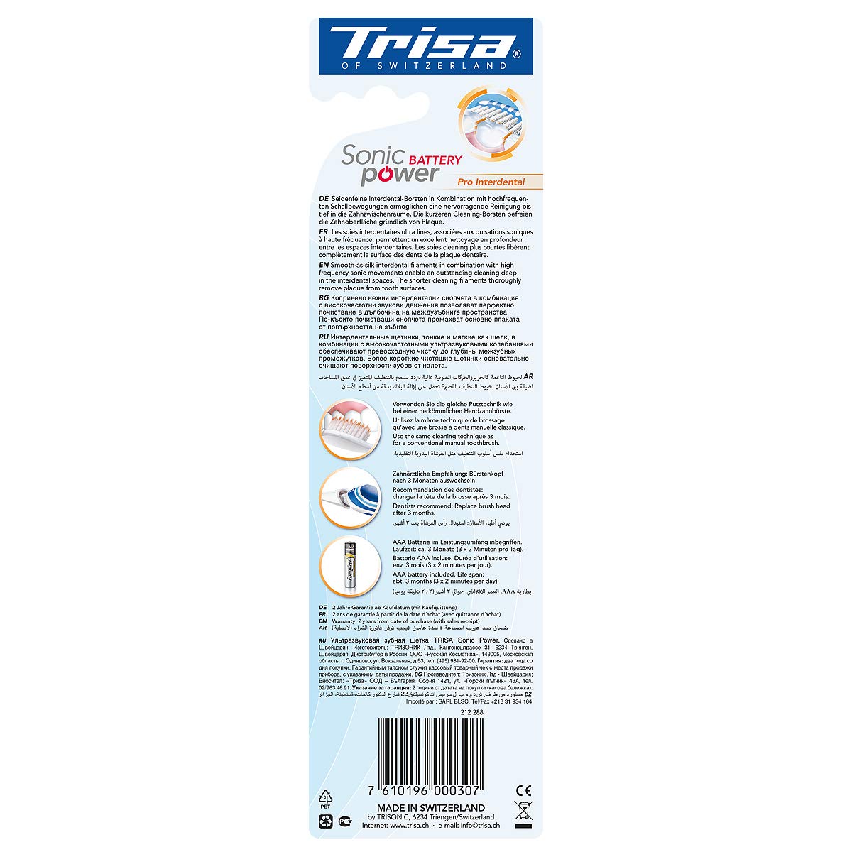 Trisa 678376 Sonic Power Battery Pro Cepillo de dientes Interdental, colores surtidos, 1 unidad