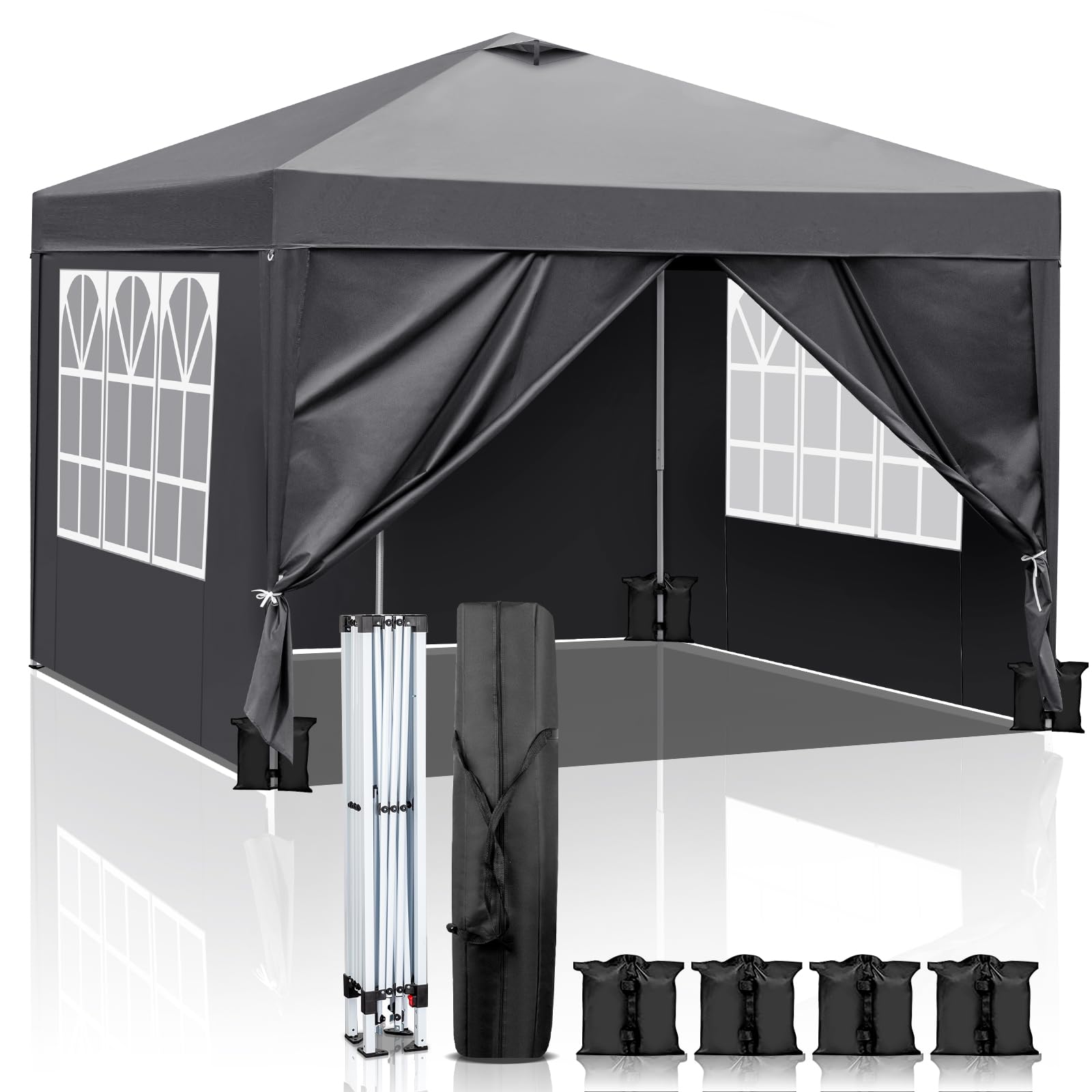 HOBBYZOO 3m x 3m Pop Up Gazebo with 4 Sides & Vent, Outdoor Party Tent with Carry Bag & 4 Sandbags, Portable Instant Canopy for Commercial Events, Party, Backyard BBQ, Camping, Grey