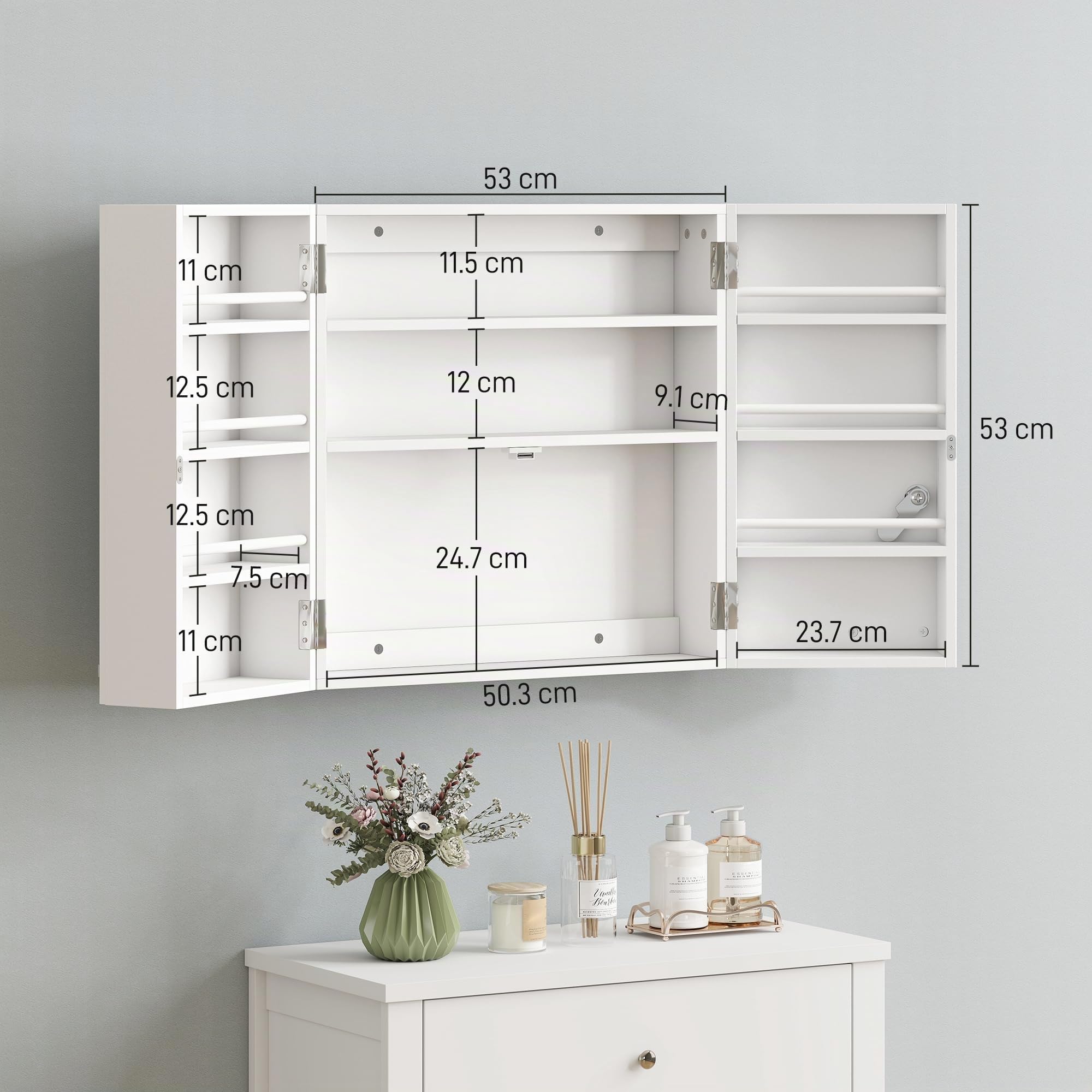 HOMCOM Armadietto Porta Medicinali da Parete con Chiavi 53x20x53cm Bianco