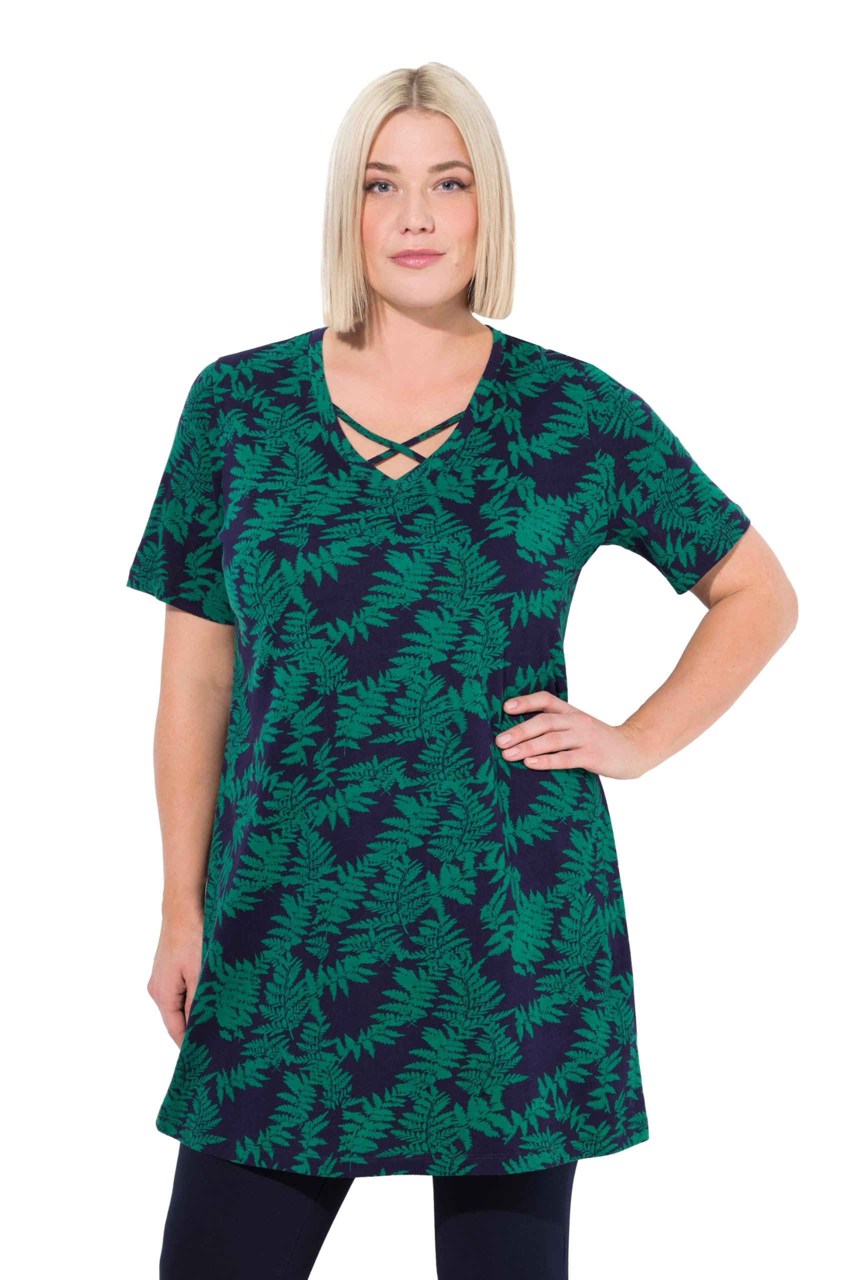 Ulla Popken Damen große Größen Übergrößen Plus Size Longshirt, Zierbänder, A-Linie, V-Ausschnitt, Halbarm 837120