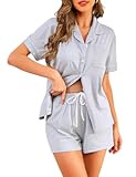 Pajama Set for Women 2 Piece Sleepwear Short Sleeve Button Tops and Pj Shorts Chest Pocket