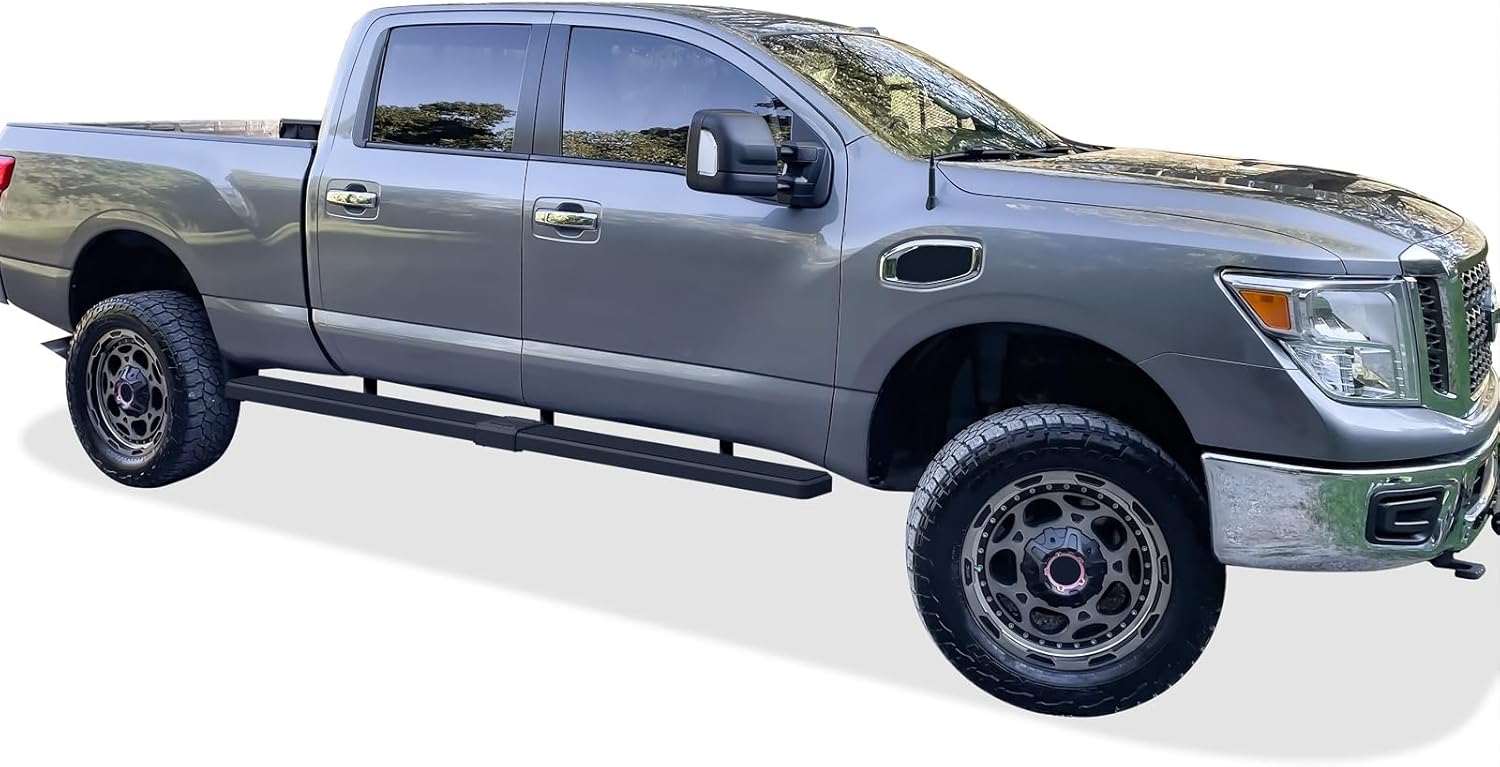APS (Black Powder Coated 5 inches Wheel to Wheel) Stainless Steel Running Boards Nerf Bars Side Steps Compatible with Nissan Titan 2004-2024 Crew Cab 6.5ft Bed (Excludes 2016 Models) & Titan XD 16-24
