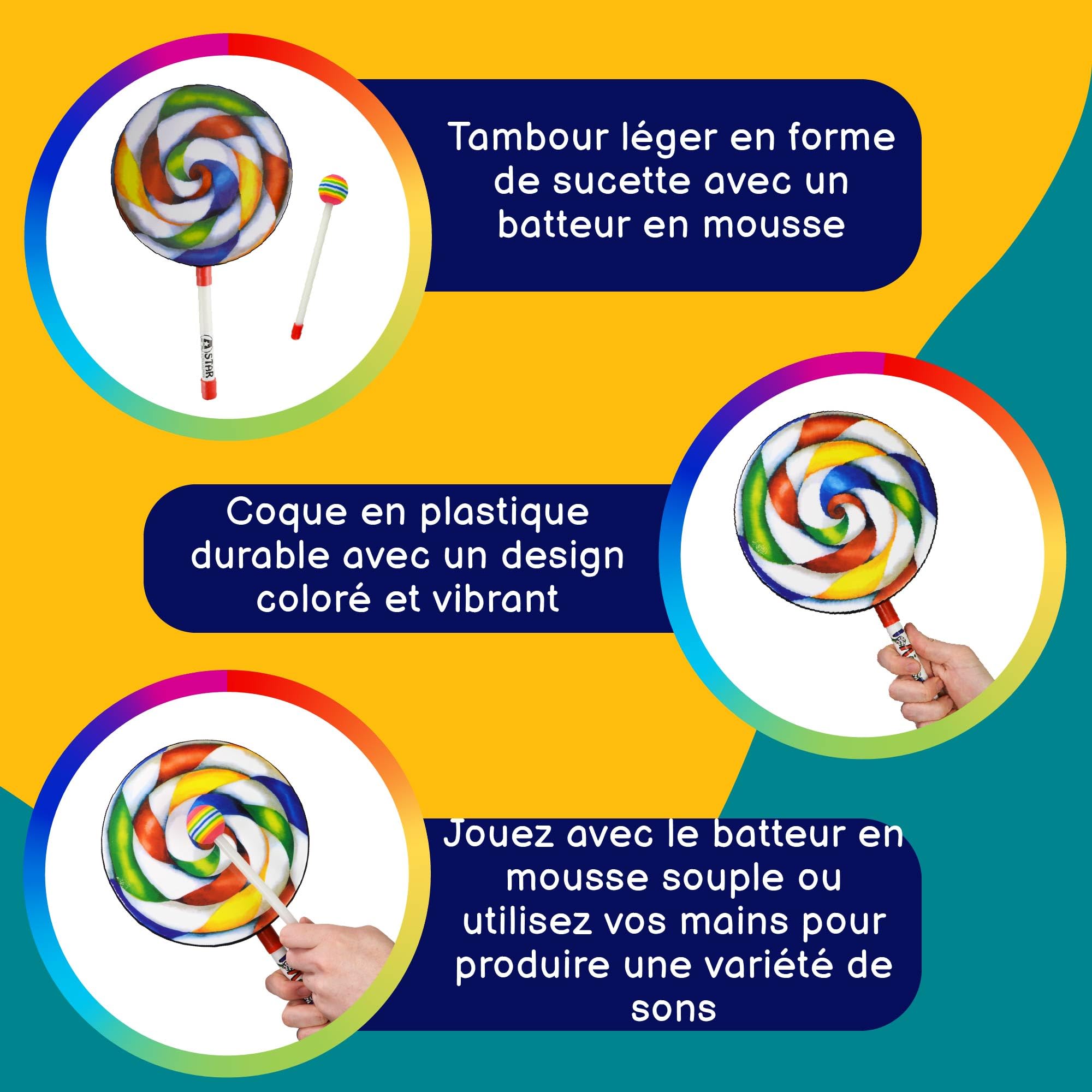 A-Star Tambour à main Lollipop de 8 pouces avec batteur à tête souple en plastique - Tambour arc-en-ciel de 20 cm