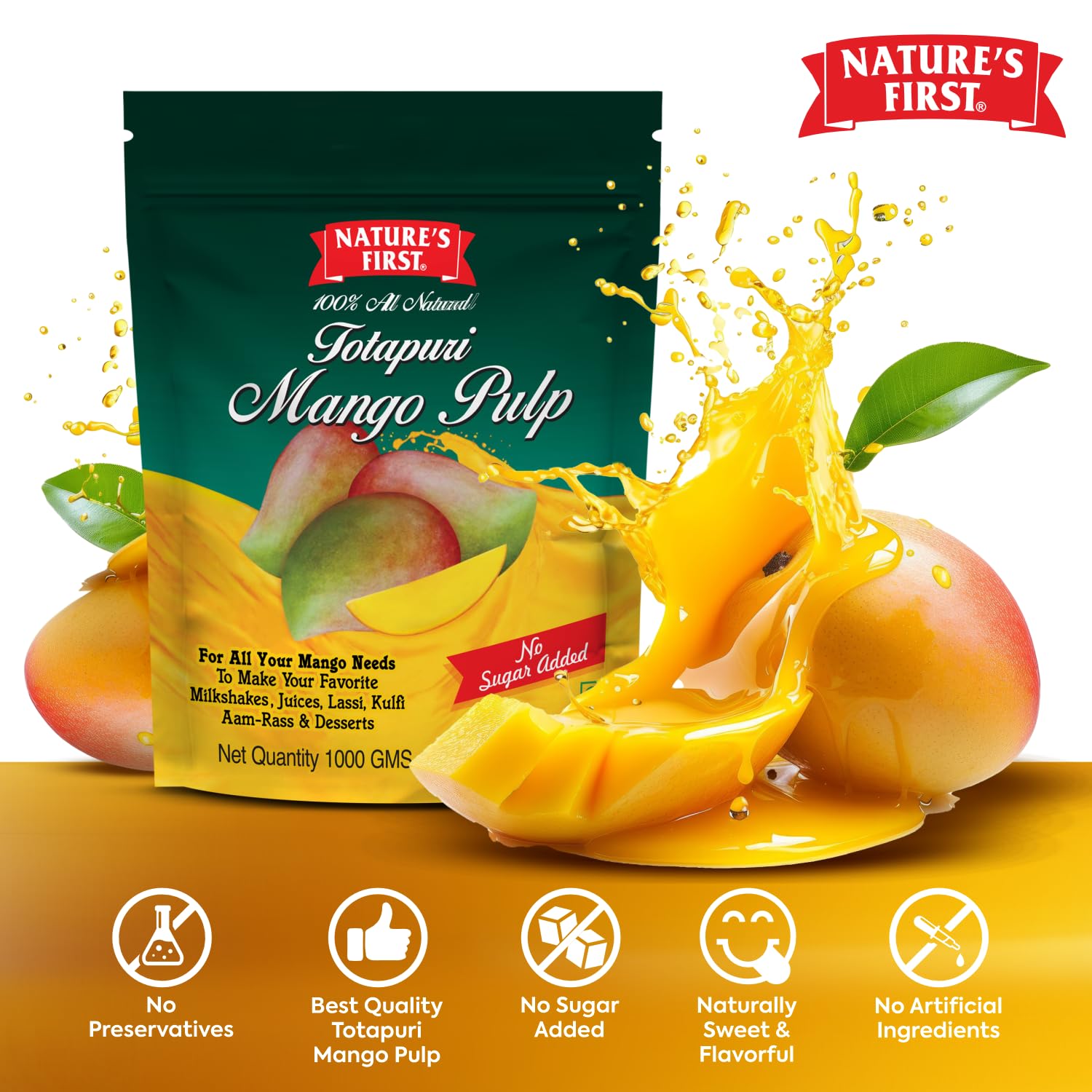 Nature's First Totapuri Mango Pulp 1 Kg pouch, With Pure Mango Goodness, Natural Sweet Flavor for Dessert, Shakes, Lassi, Smoothies, Fruit Juice 1