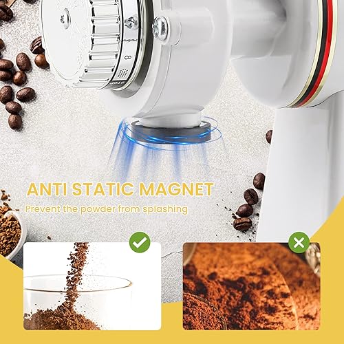 Miniatura 5 de Molinillo de café de Burr eléctrico, para uso comercial y doméstico, silencioso, pequeño, con tolva ajustable, con cepillo, cuchara, color blanco