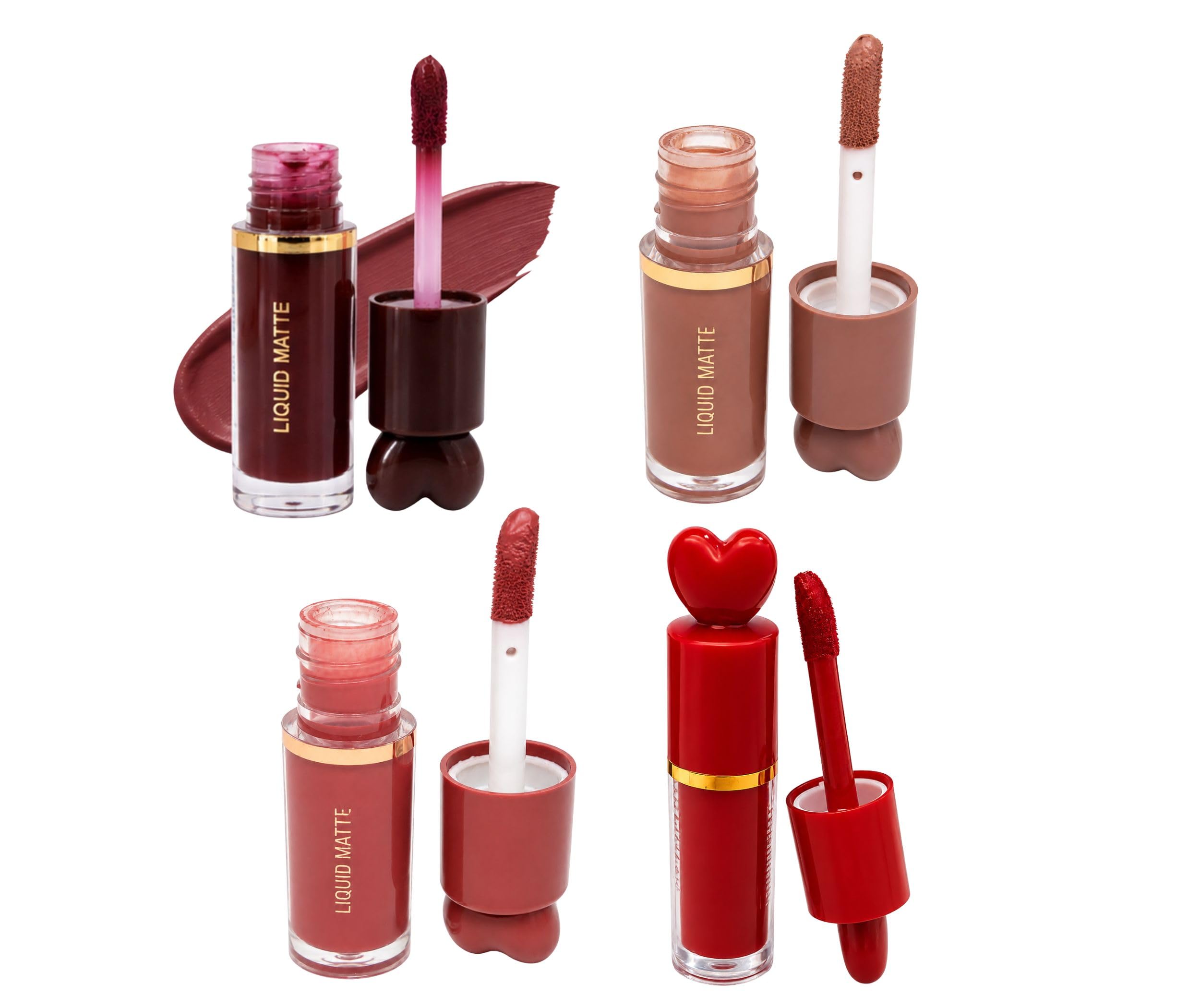 Liquid Matte Lipstick Combo - Pack of 4 | Long Lasting Waterproof Liquid Lip Tint Set | Highly Pigmented Red, Nude Brown, Rose Pink & Wine Berry Matte Lip Color Kit with Cute Heart-Top Cap-image-31