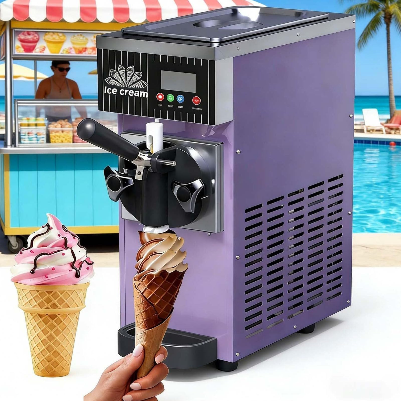 Drmoxin Single Flavor Ice Cream Machine, 4-5kg/H Output, 2.5L Refrigerated Hopper,Freezing Tank, Auto Clean, LCD Panel, 450W Countertop Soft Serve Ice Cream Maker Purple