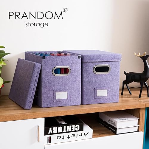 Miniatura 2 de PRANDOM Caja organizadora de archivos, juego de 2 carpetas plegables decorativas de lino para almacenamiento de archivos colgantes con tapas,