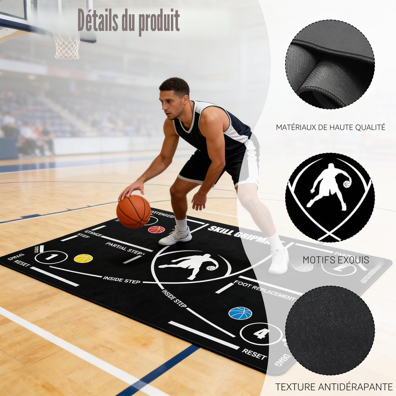 Tapis d'entraînement de basket-ball - 120 x 80 cm - Antidérapant - Tapis d'entraînement pour le travail des pieds et le dribbling - Silencieux - Grand format - Pour entraînement au sol de basket-ball