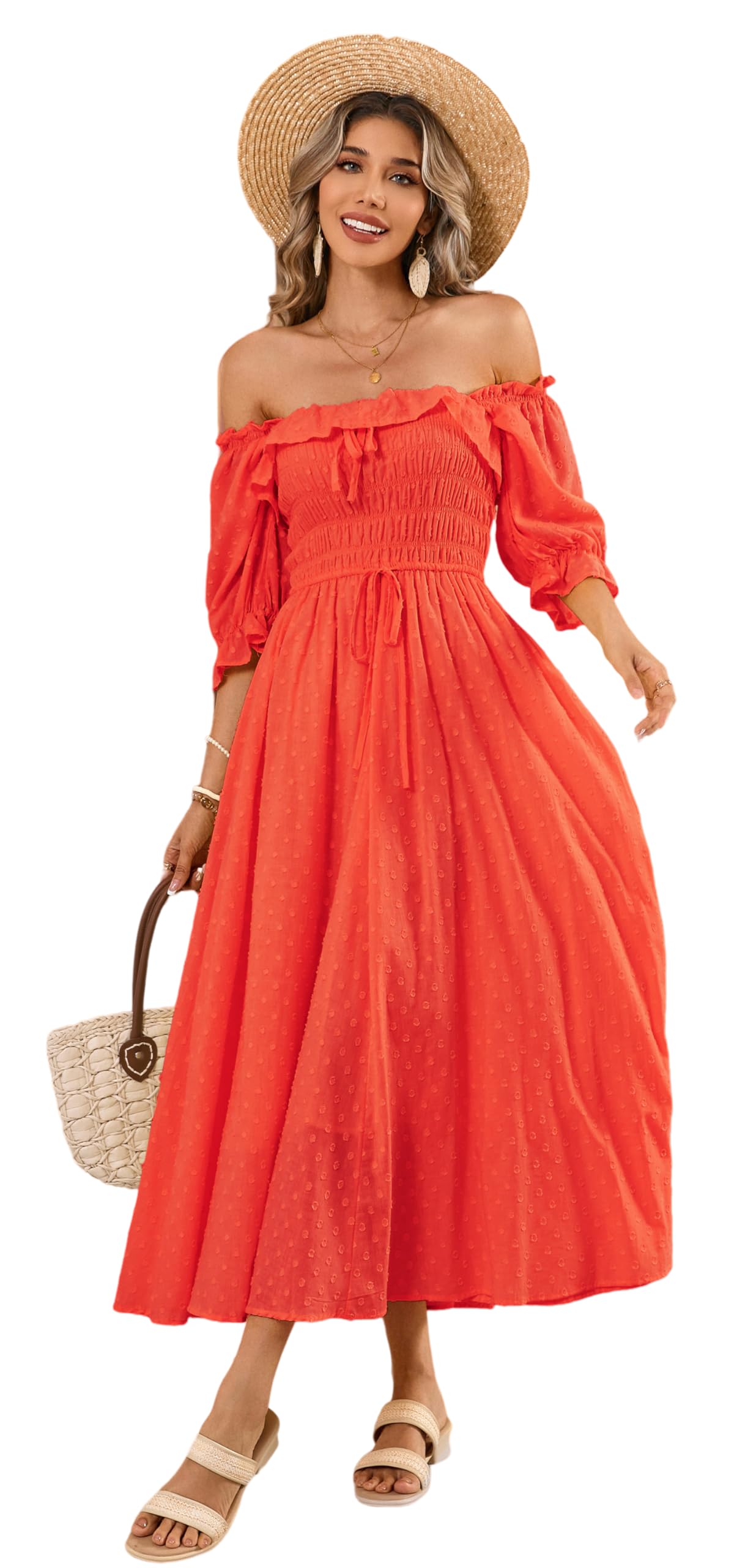 R.Vivimos Women Summer Cotton A Line Flowy Long Dresses | Half Sleeve, Ruffled, Vintage Elegant, Smocked Backless Dress, Maternity Shoot, Baby Shower, Casual Vacation Outfits