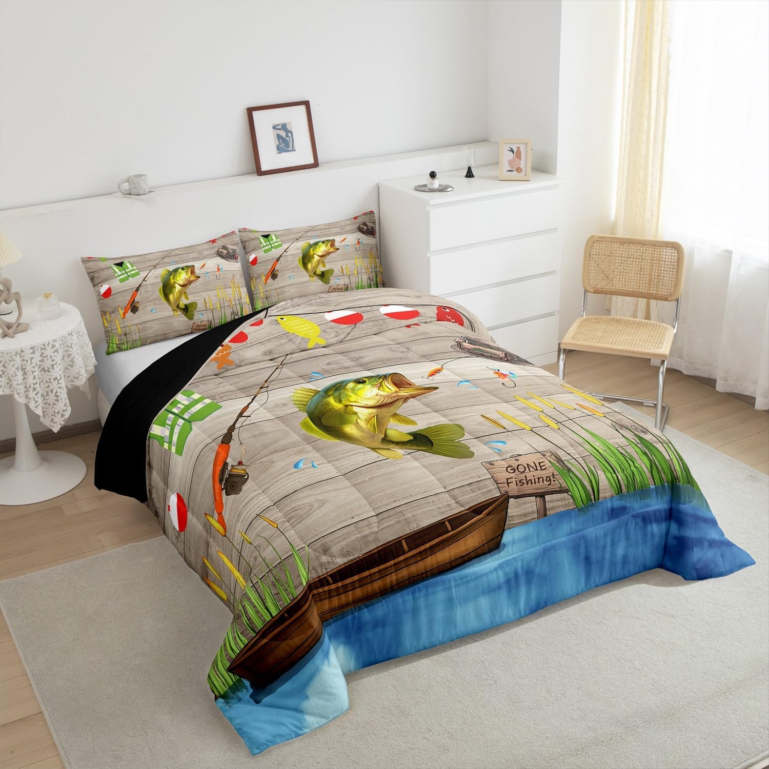 Erosebridal Go Fishing Quilt Set Rustic Farmhouse Comforter Set Queen Size Bass Fishing Bedding Set for Kids Adults Country Cabin Lake Boating Bed Duvet Set Gifts for Fisherman 3 Pcs