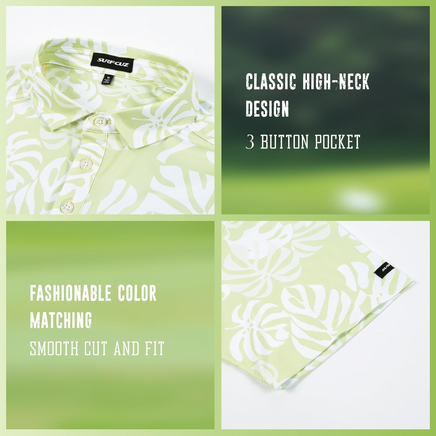 SURF CUZ Golf Shirt Moisture Wicking for Men Dry Fit Polo Shirts Short Sleeve Print Performance 4-Way Stretch