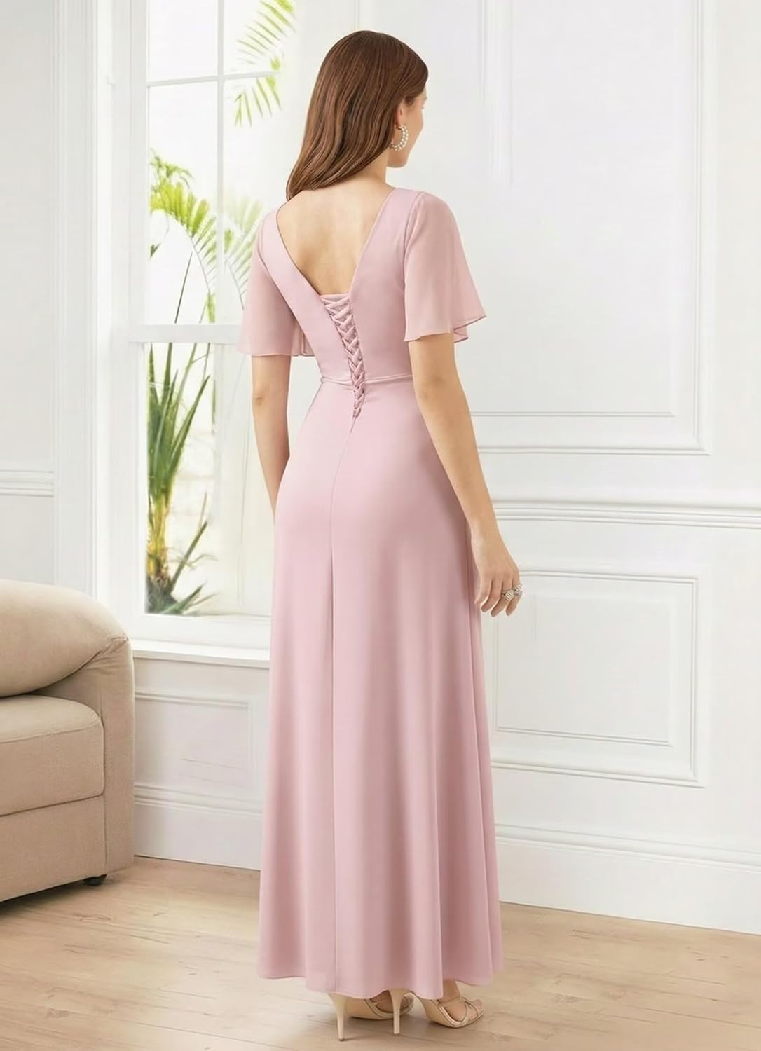 V-Neck Appliques Mother of the Brides Dresses Ruffles Chiffon Formal Bridesmaid Dress with Slit