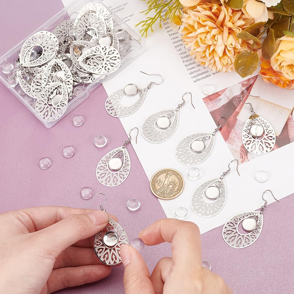 UNICRAFTALE 30 Sets 304 Stainless Steel Teardrop Dangle Earring Making Kits Blank Dome Dangle Earrings Transparent Glass Cabochon Settings Ear Hooks with Glass Cabochon for Jewelry Making - Image 4