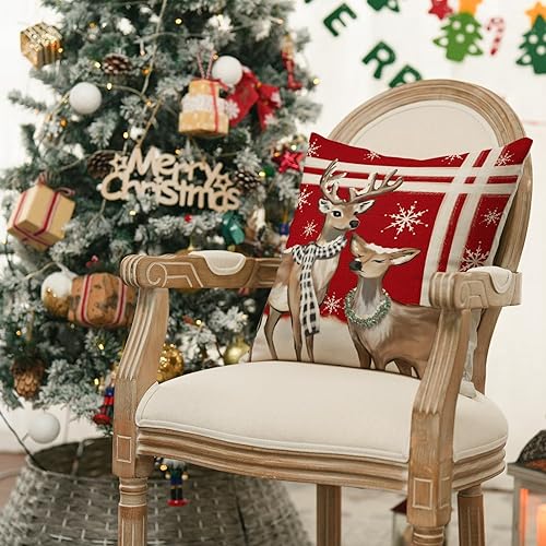 Miniatura 5 de AVOIN colorlife Juego de 4 fundas de almohada rojas con diseño de árbol de Navidad, reno, camión, rayas, 20 x 20 pulgadas, decoración de fundas de
