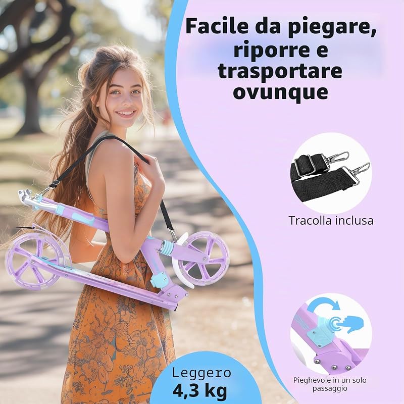 Trotinetă pliabilă BELEEV cu înălțime reglabilă, roți LED de 200 mm, pentru copii și adulți, până la 100 kg