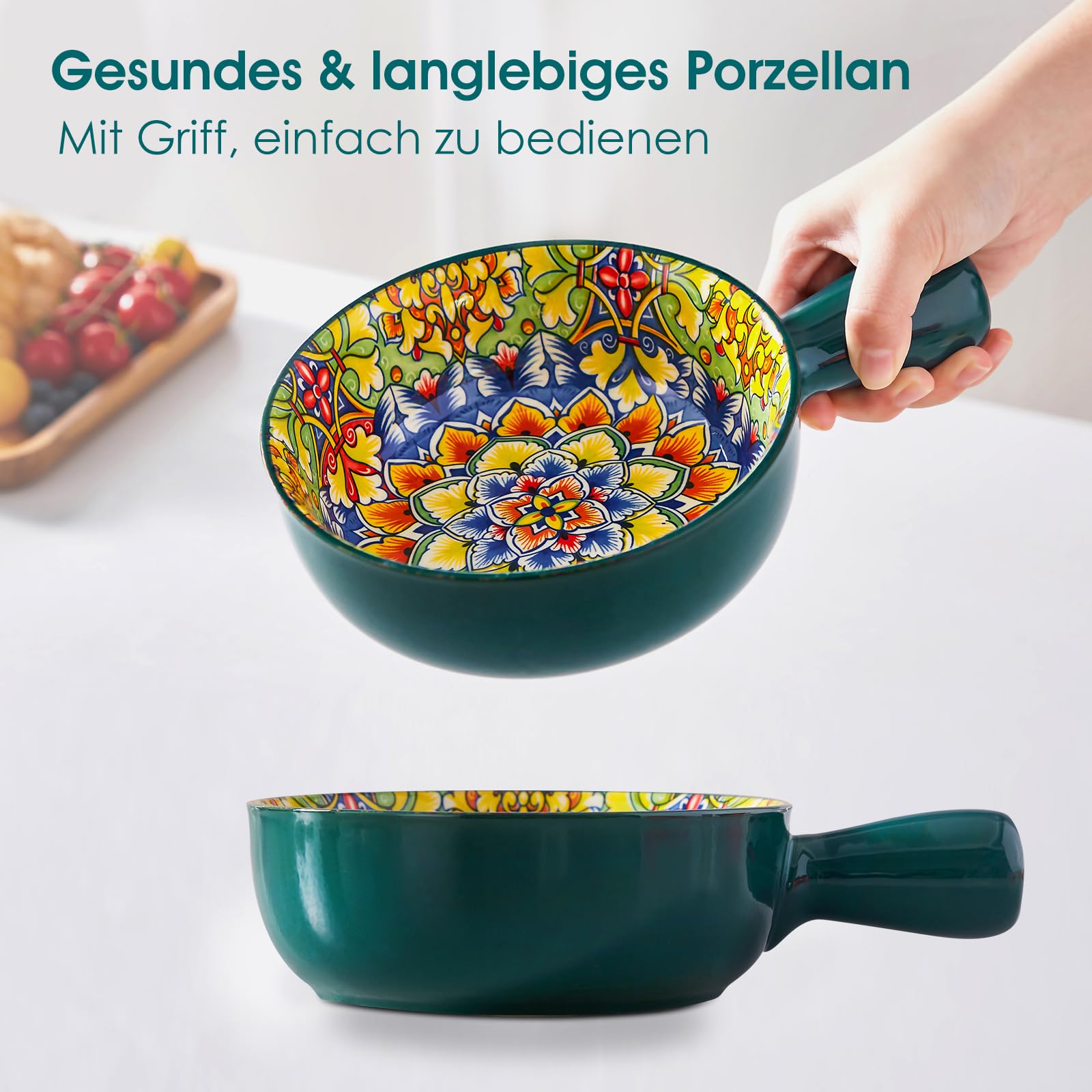 vancasso Suppenschüssel mit Griff, SIMI 690ml Suppenschalen mit Henkel, 4er Set Porzellan Müslischalen für Müsli/Pasta, Böhmischer Stil suppentassen, Keramik Suppentopf, Mikrowellen und Ofenfest