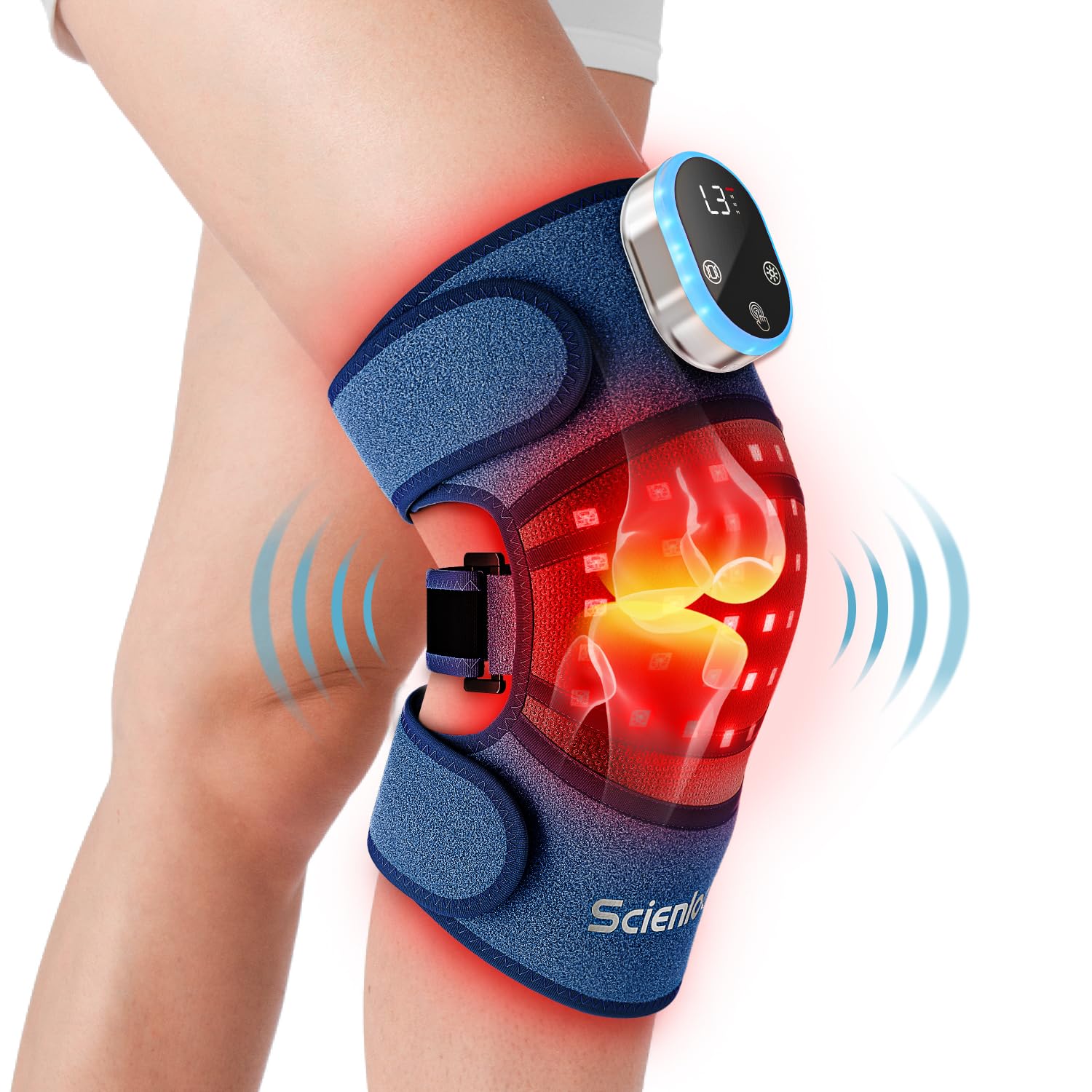 ScienlodicVibration Red Light Therapy for Knee, Rechargeable Red Light Therapy Joint Wrap for Elbow/Shoulder at Home/Office, Cordless Red Light Therapy Device 660nm 850nm - Blue