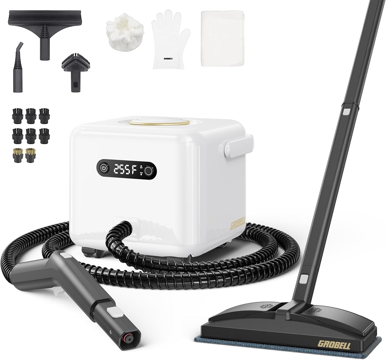 GROBELL Steam Cleaner with all accessories laid out