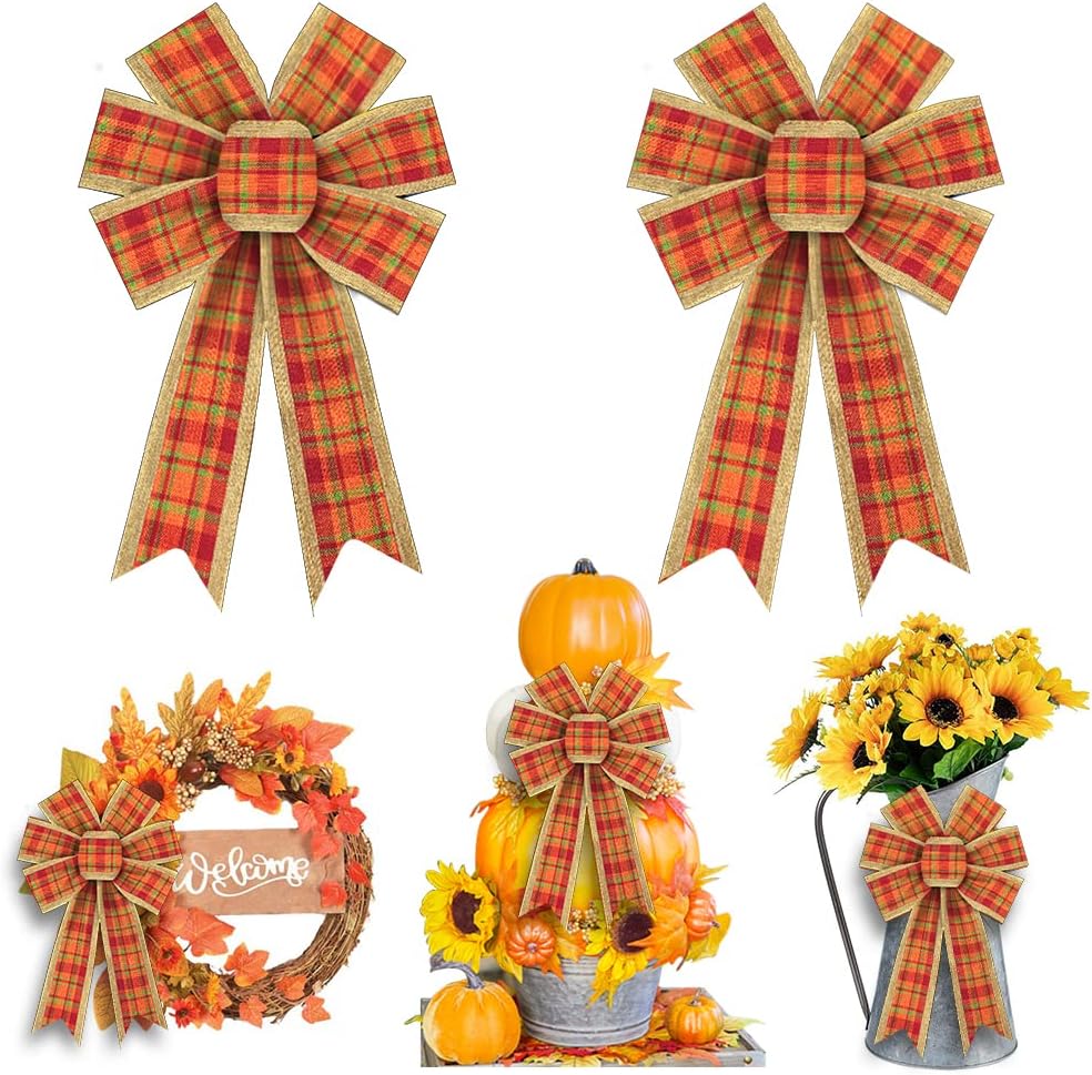 2PCS Fall Wreath Bows, Autumn Harvest Orange Bows for Wreath Rustic Farmhouse Bows for Front Door Thanksgiving Orange Buffalo Plaid Bows for Thanksgiving Wall Ornaments Home Indoor Outdoor Decor