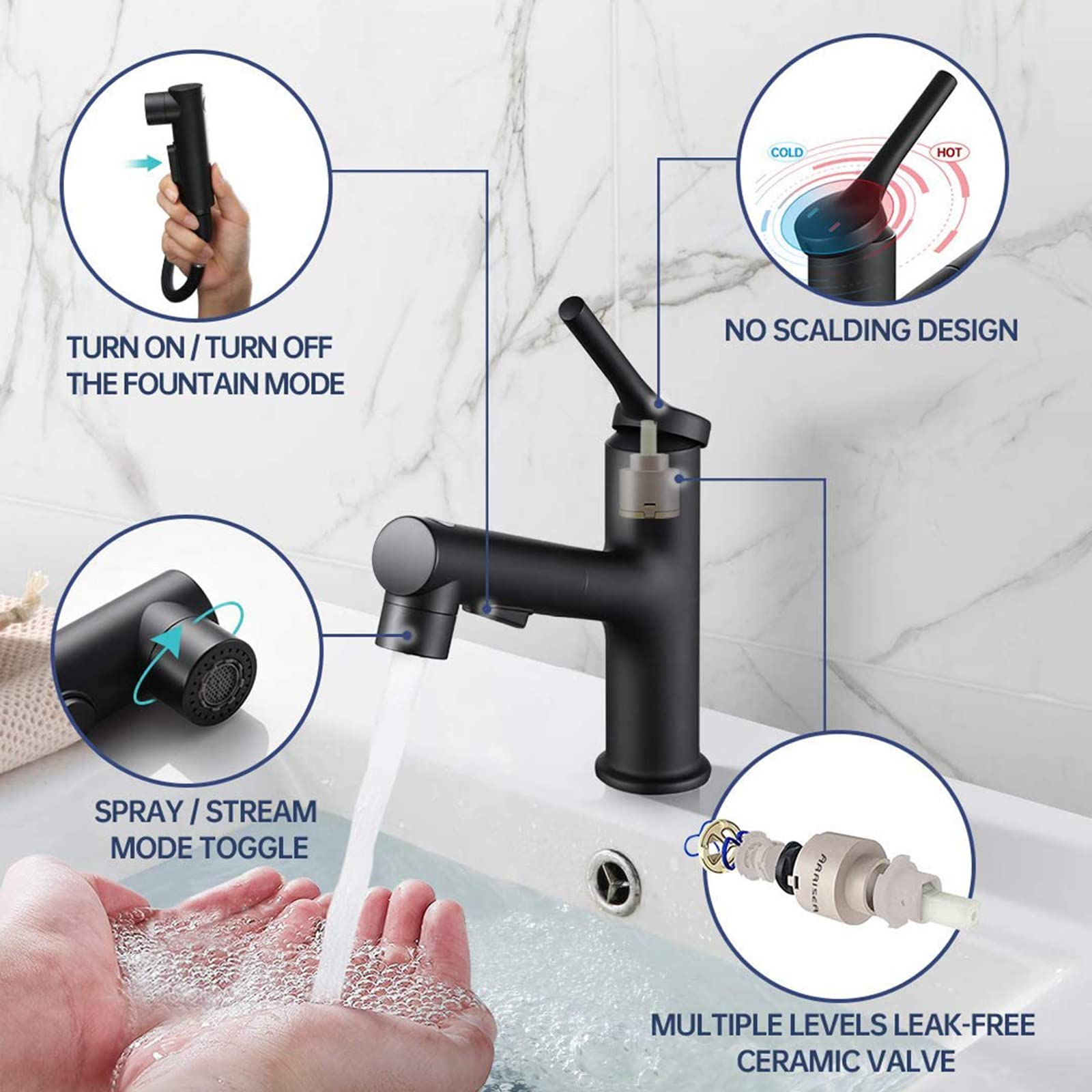 Grifo lavabo extraíble bimando de latón frío y caliente grifo mezclador lavabo Válvula De Cerámica Mezclador Baño Grifo para Lavabo, para baño,negro elegante